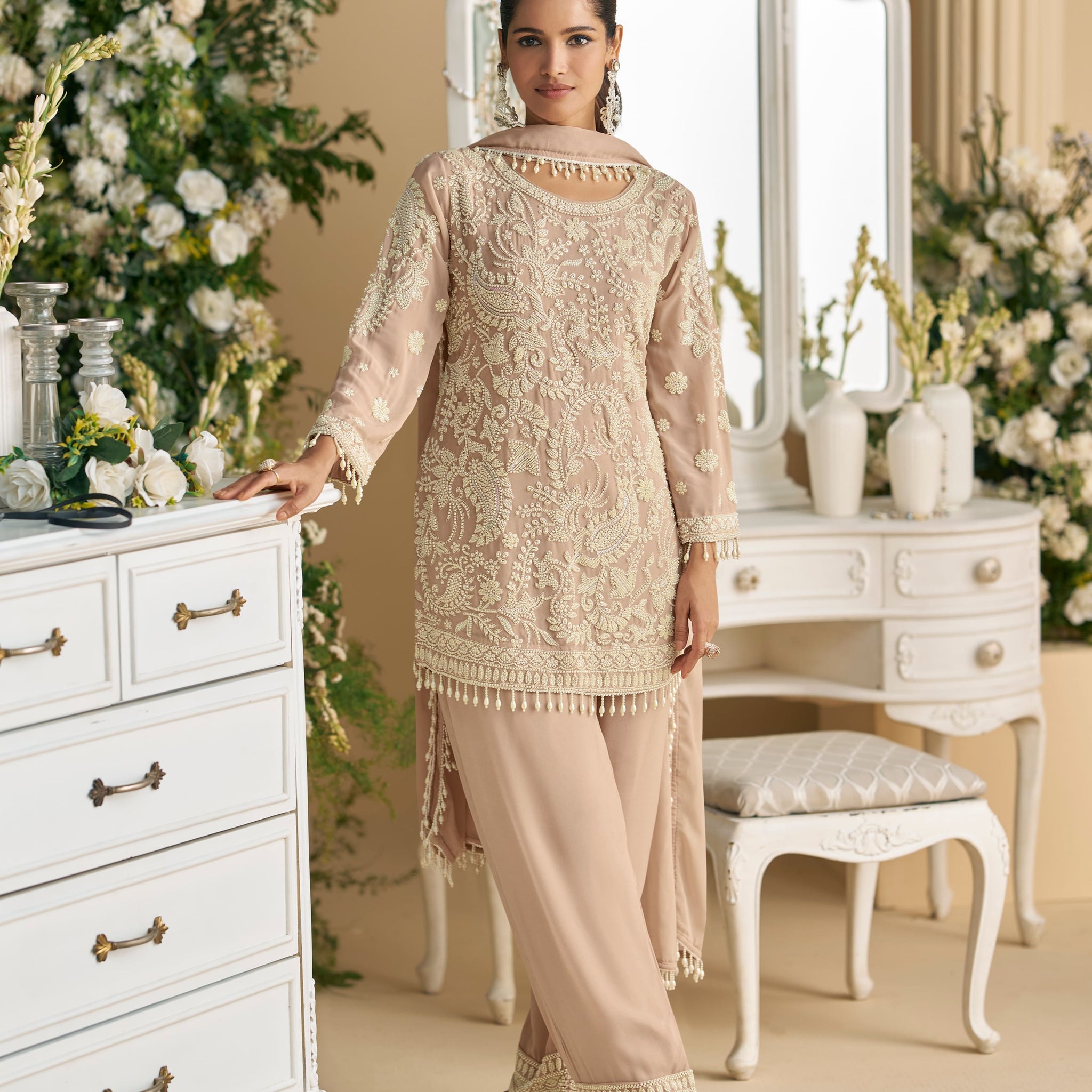 Beige Embroidered Palazzo Suit in Georgette with Dupatta
