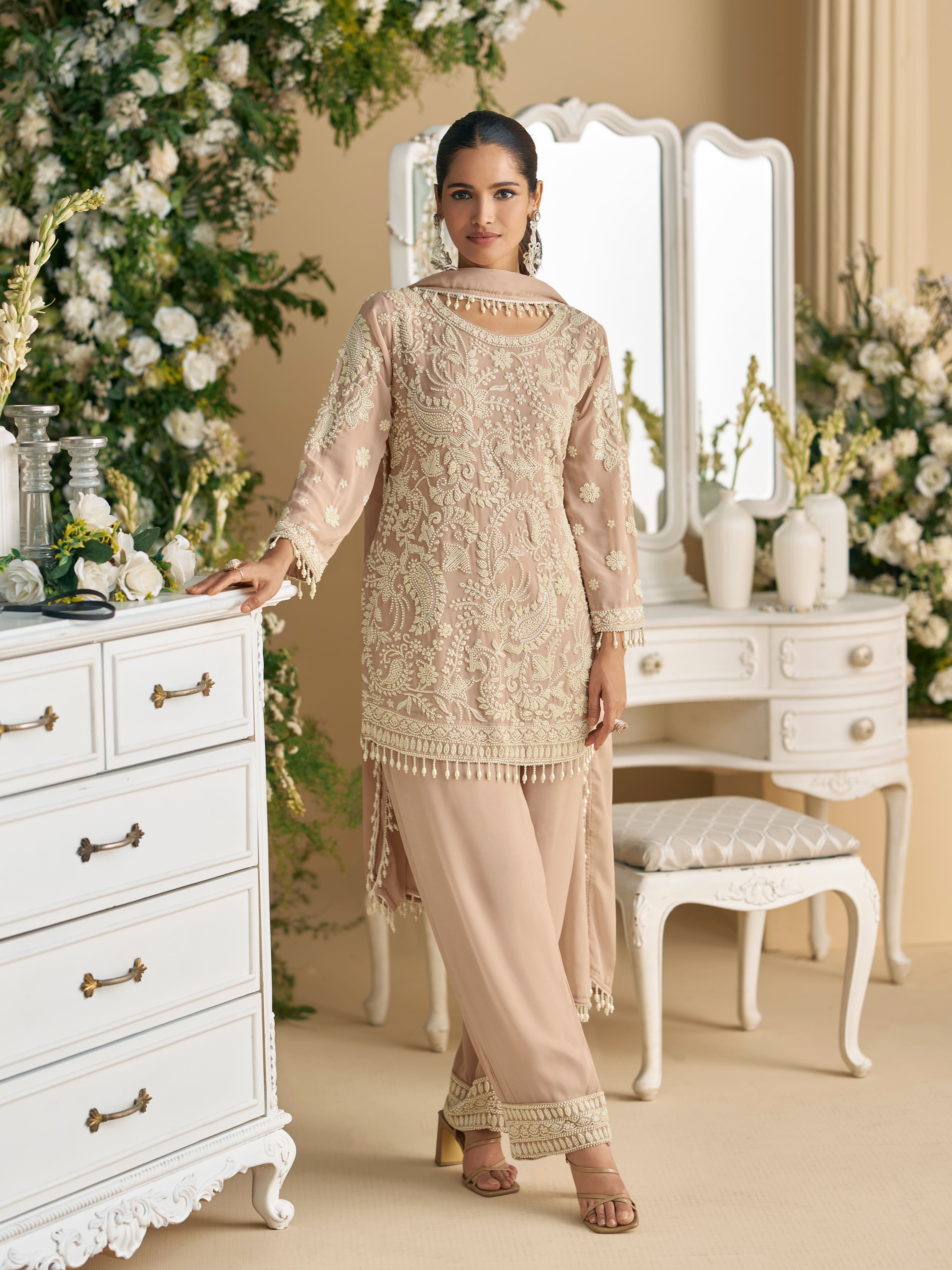 Beige Embroidered Palazzo Suit in Georgette with Dupatta