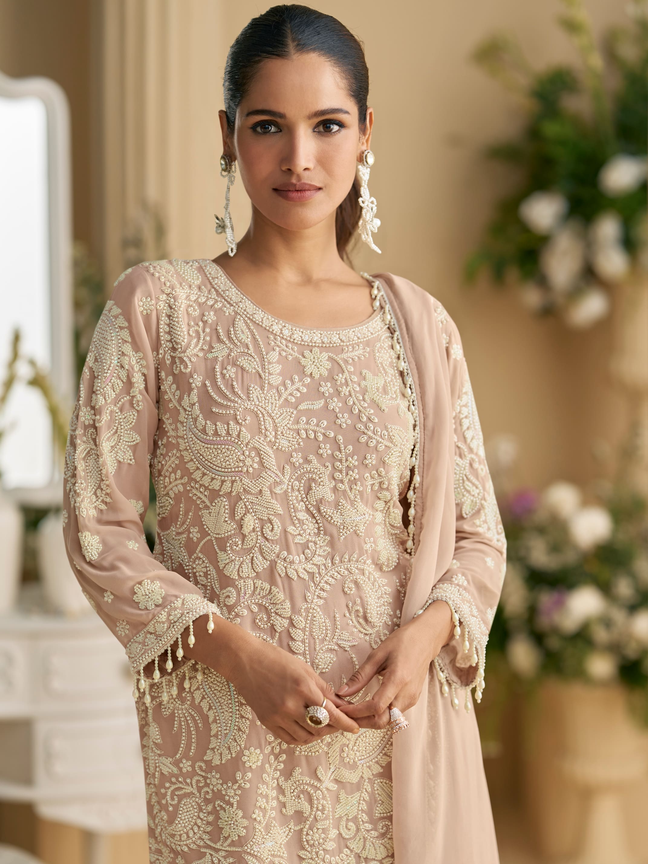 Beige Embroidered Palazzo Suit in Georgette with Dupatta