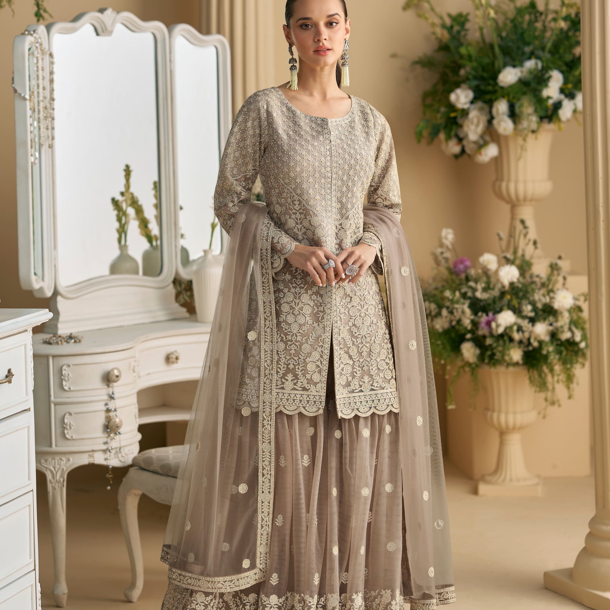 Grey Net Palazzo Suit with Embroidered Beads Detailing