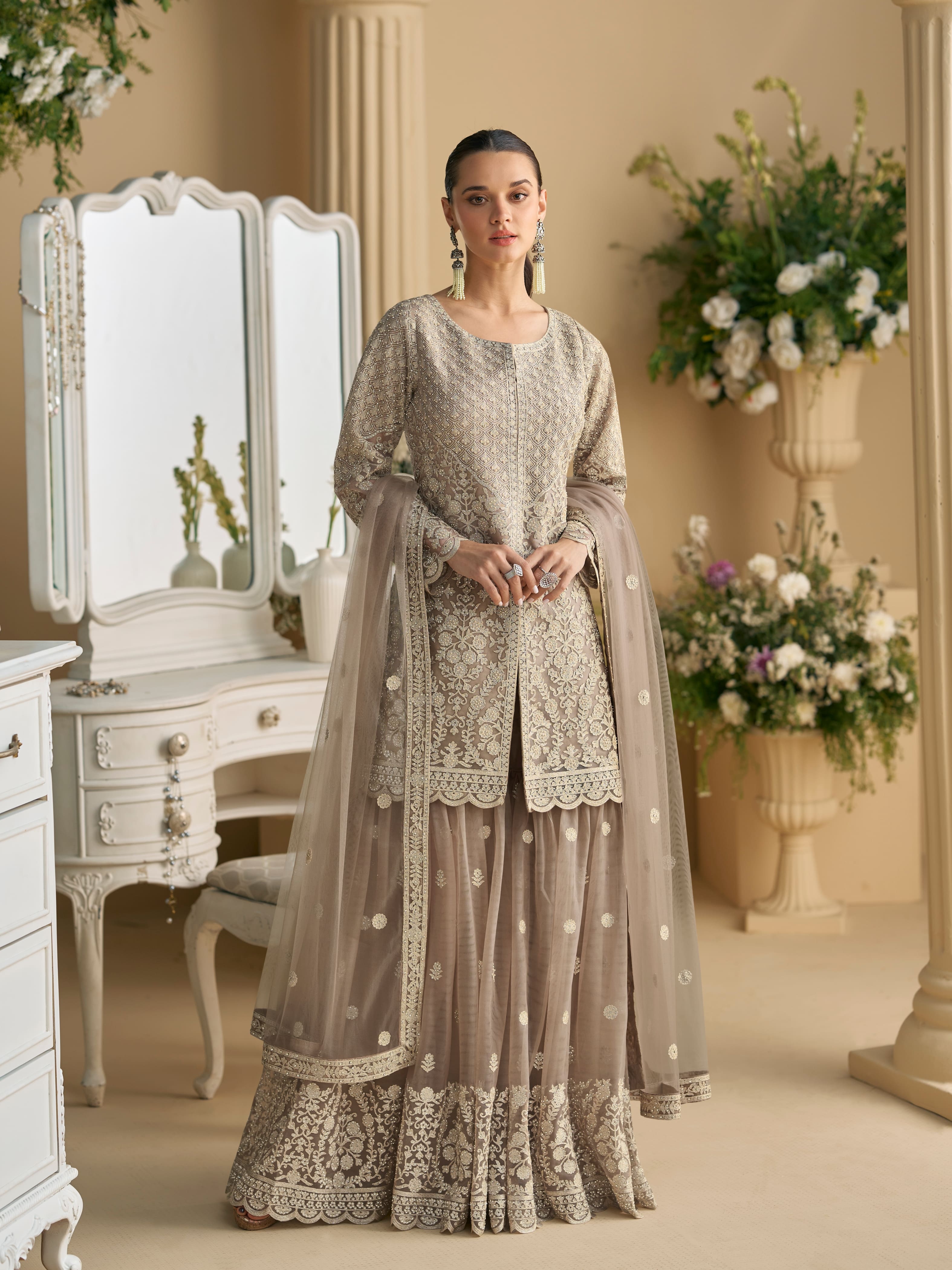Grey Net Palazzo Suit with Embroidered Beads Detailing