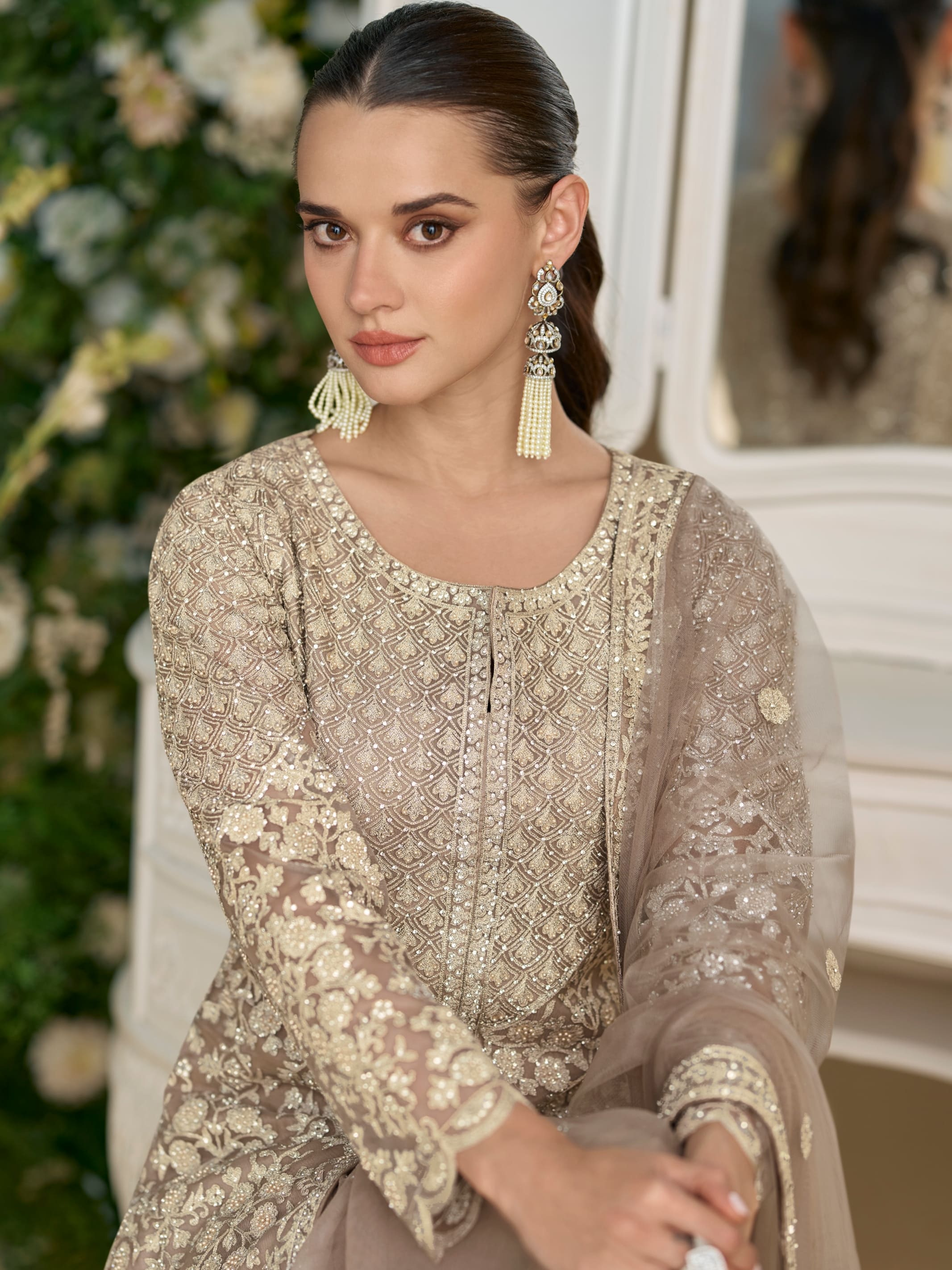 Grey Net Palazzo Suit with Embroidered Beads Detailing