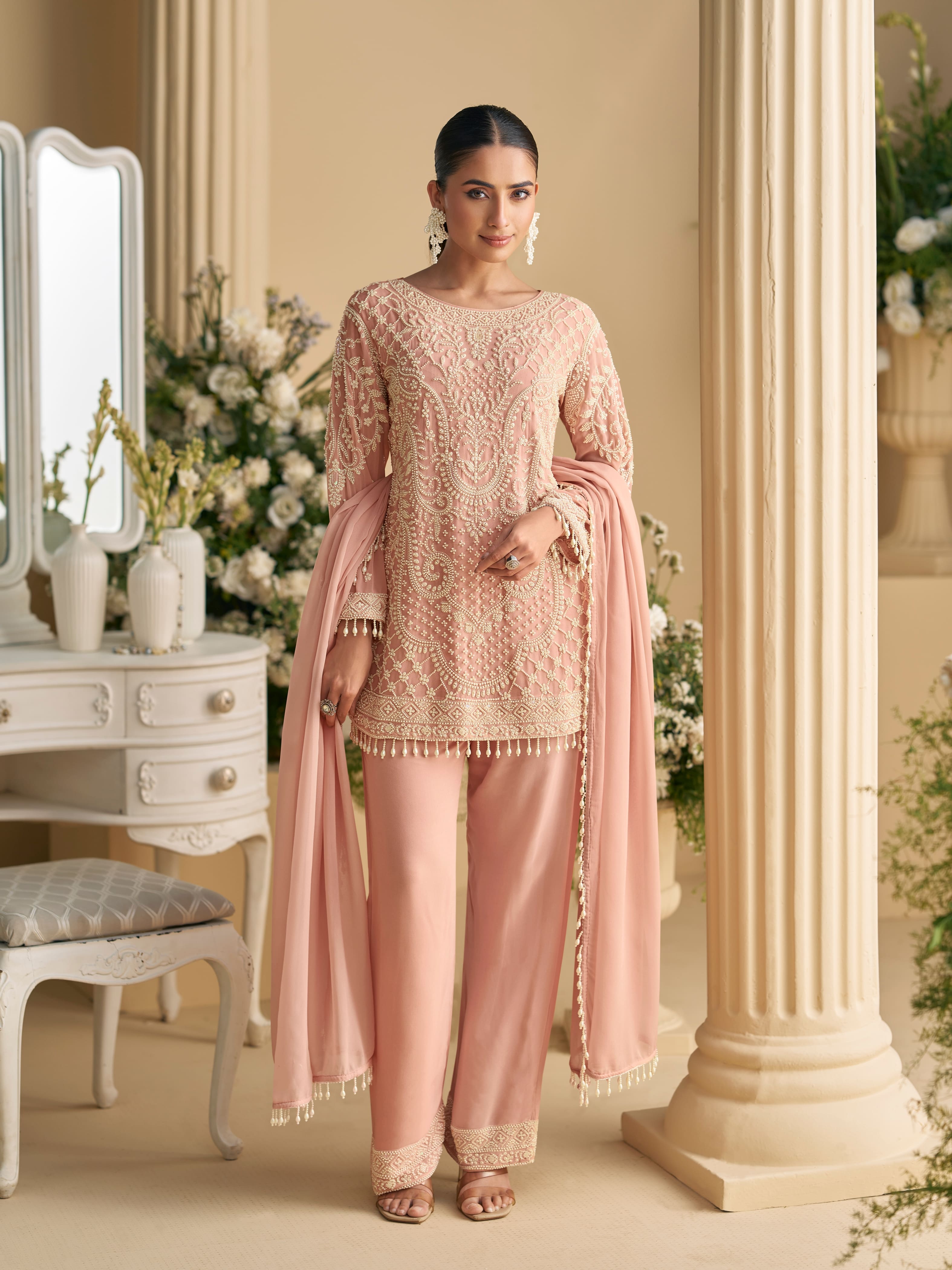 Peach Beads Work Palazzo Suit with Embroidered Dupatta