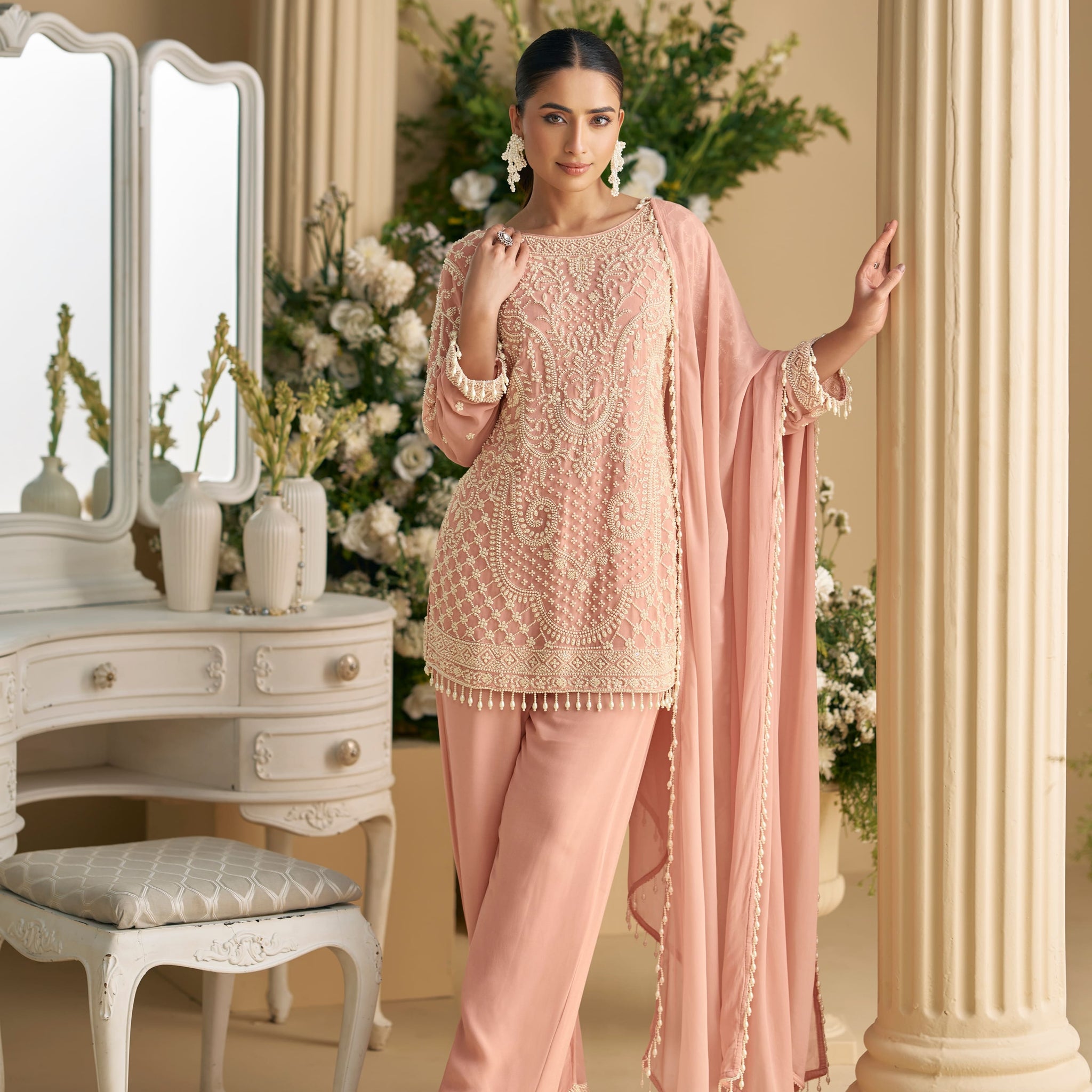 Peach Beads Work Palazzo Suit with Embroidered Dupatta