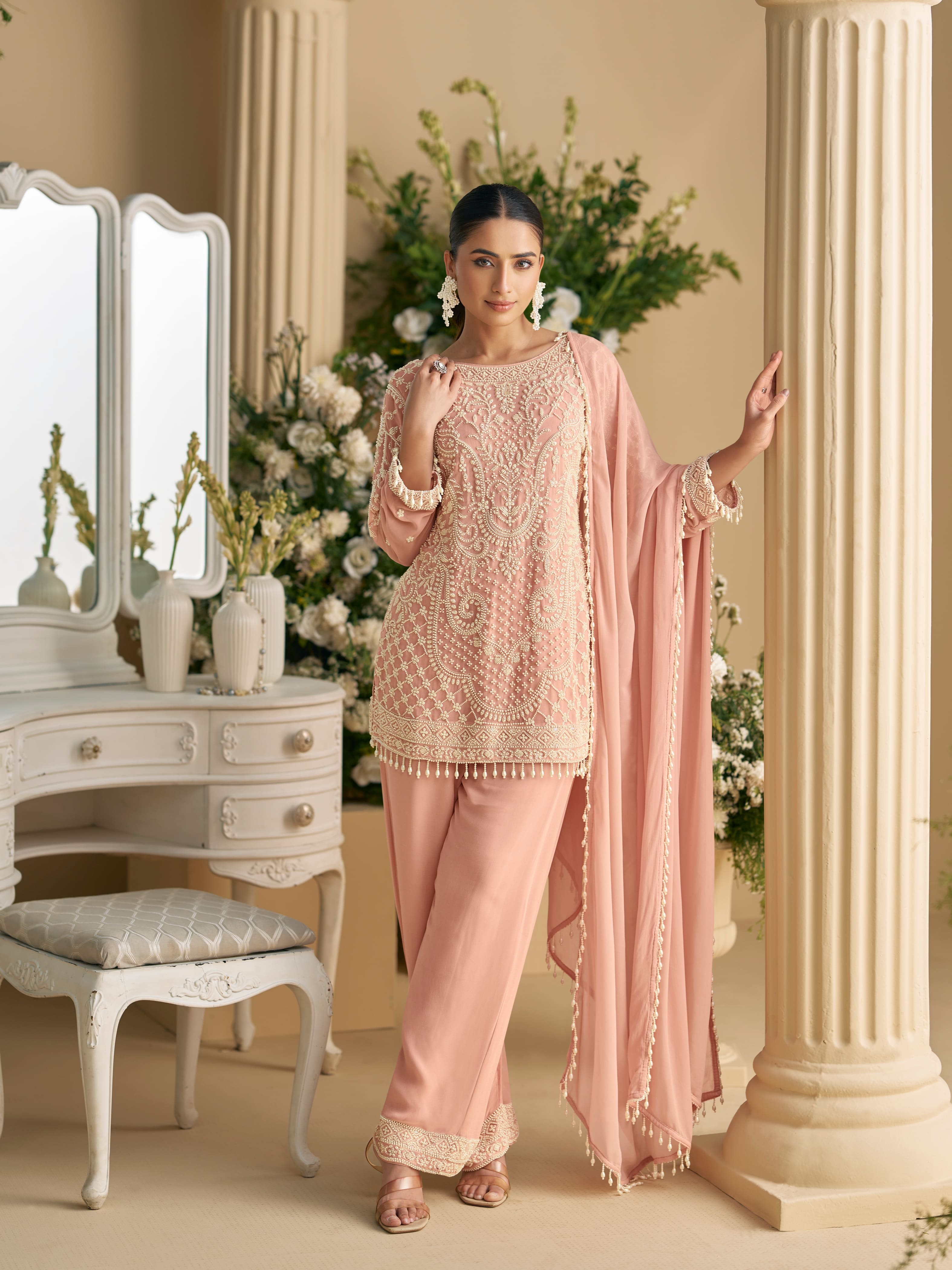 Peach Beads Work Palazzo Suit with Embroidered Dupatta