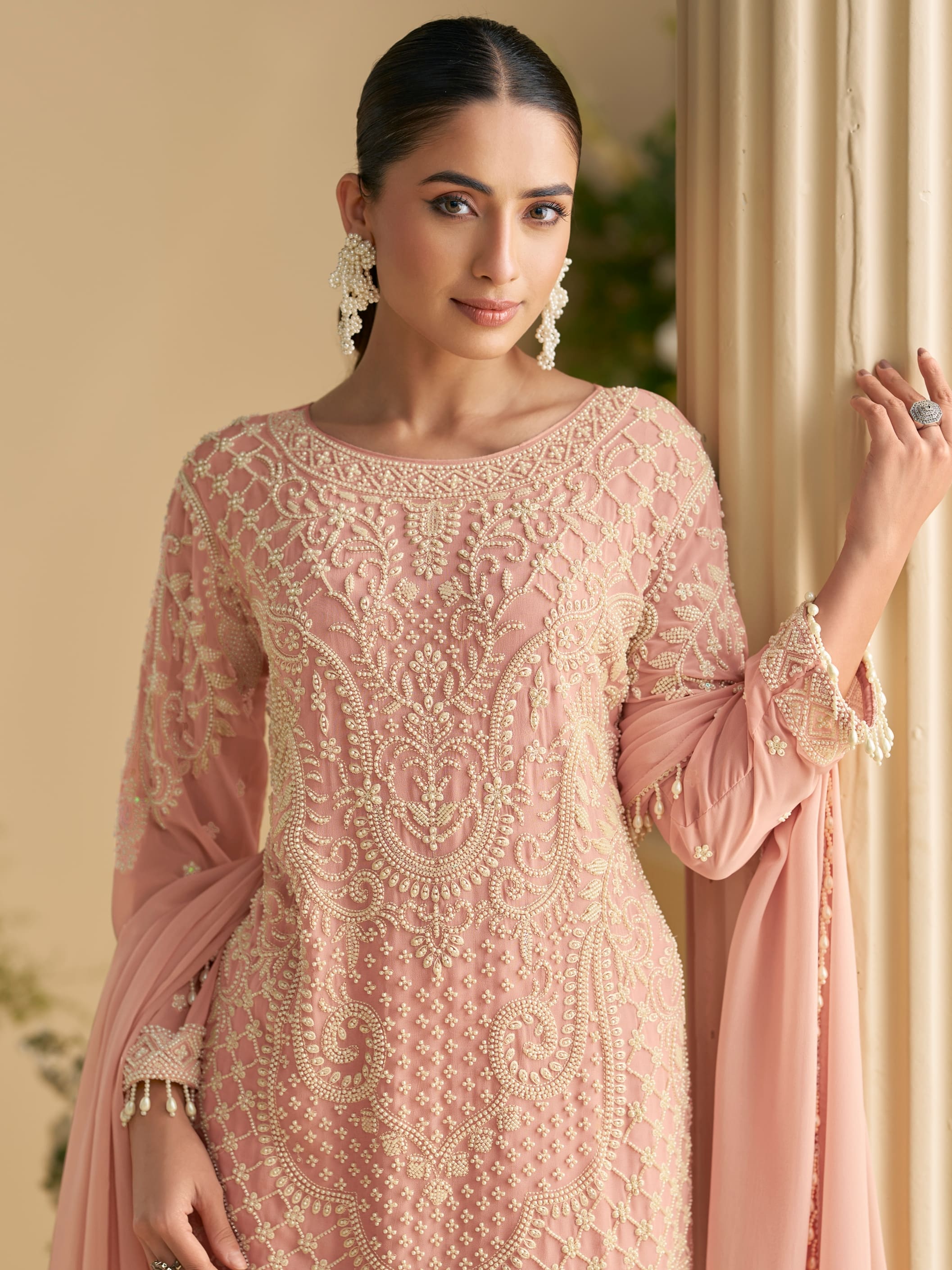 Peach Beads Work Palazzo Suit with Embroidered Dupatta