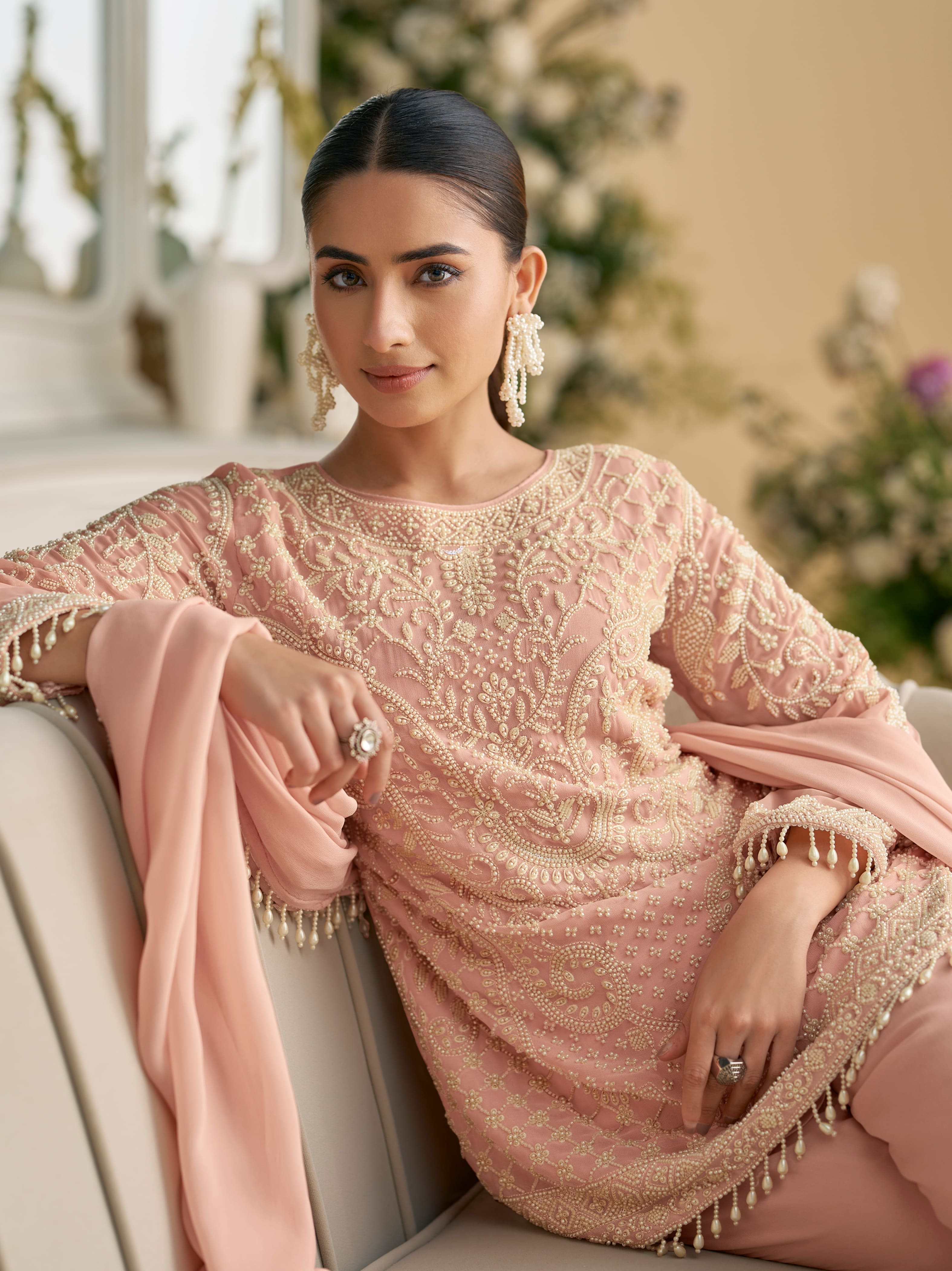 Peach Beads Work Palazzo Suit with Embroidered Dupatta