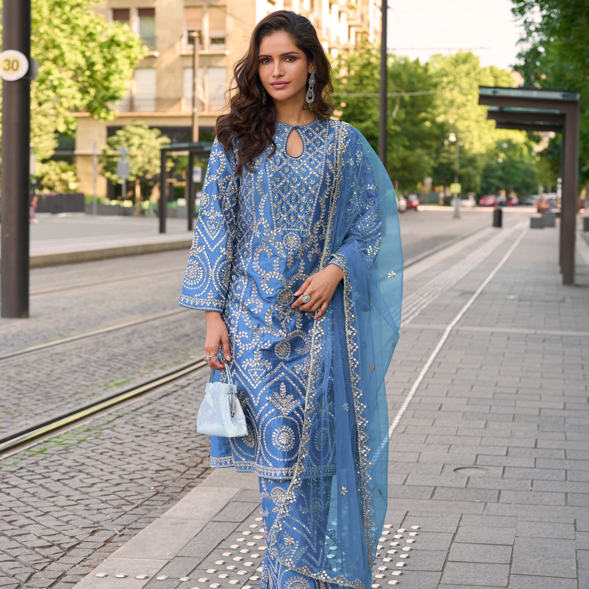 Blue Embroidered Palazzo Suit in Silk with Dupatta
