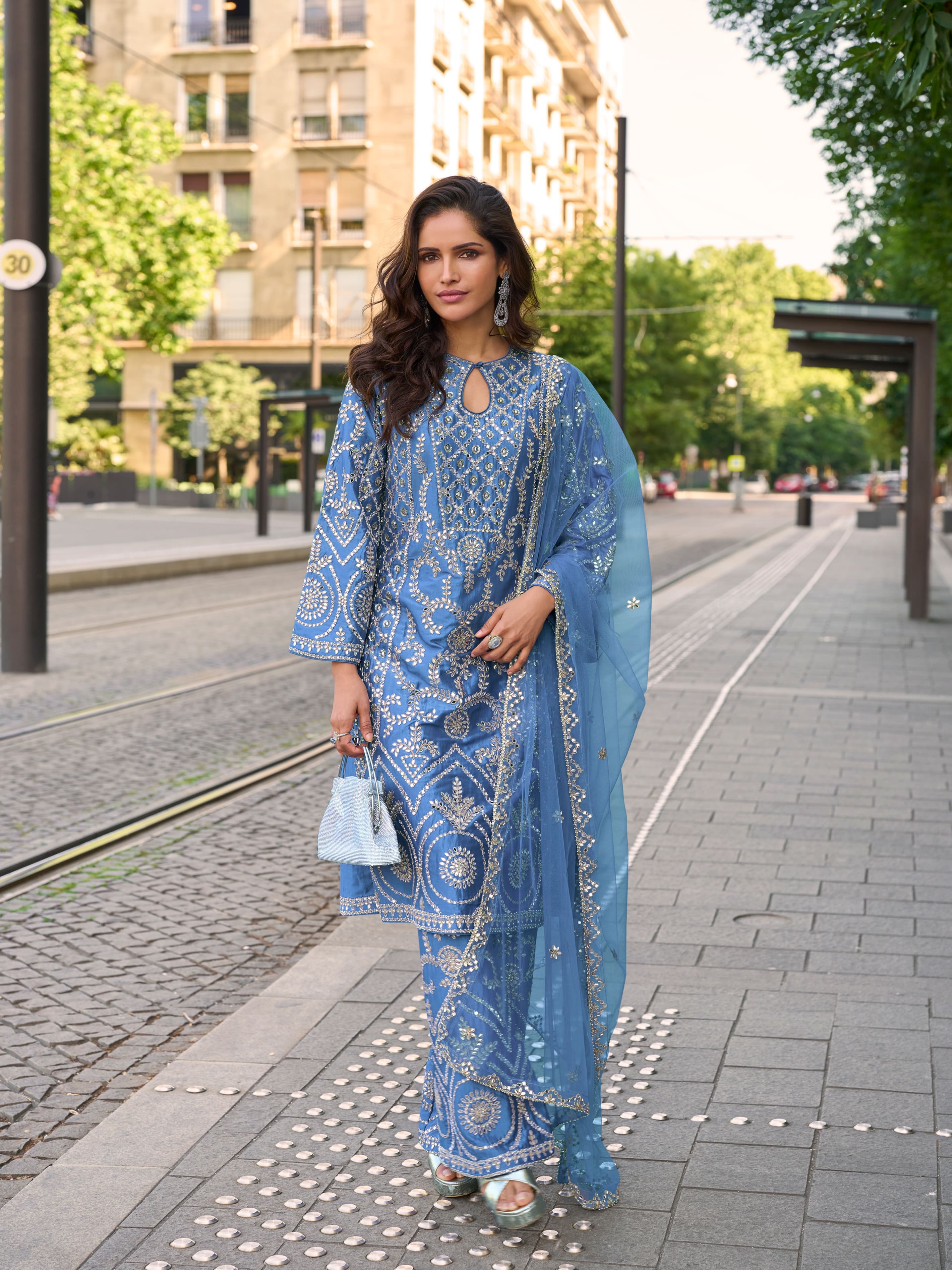 Blue Embroidered Palazzo Suit in Silk with Dupatta