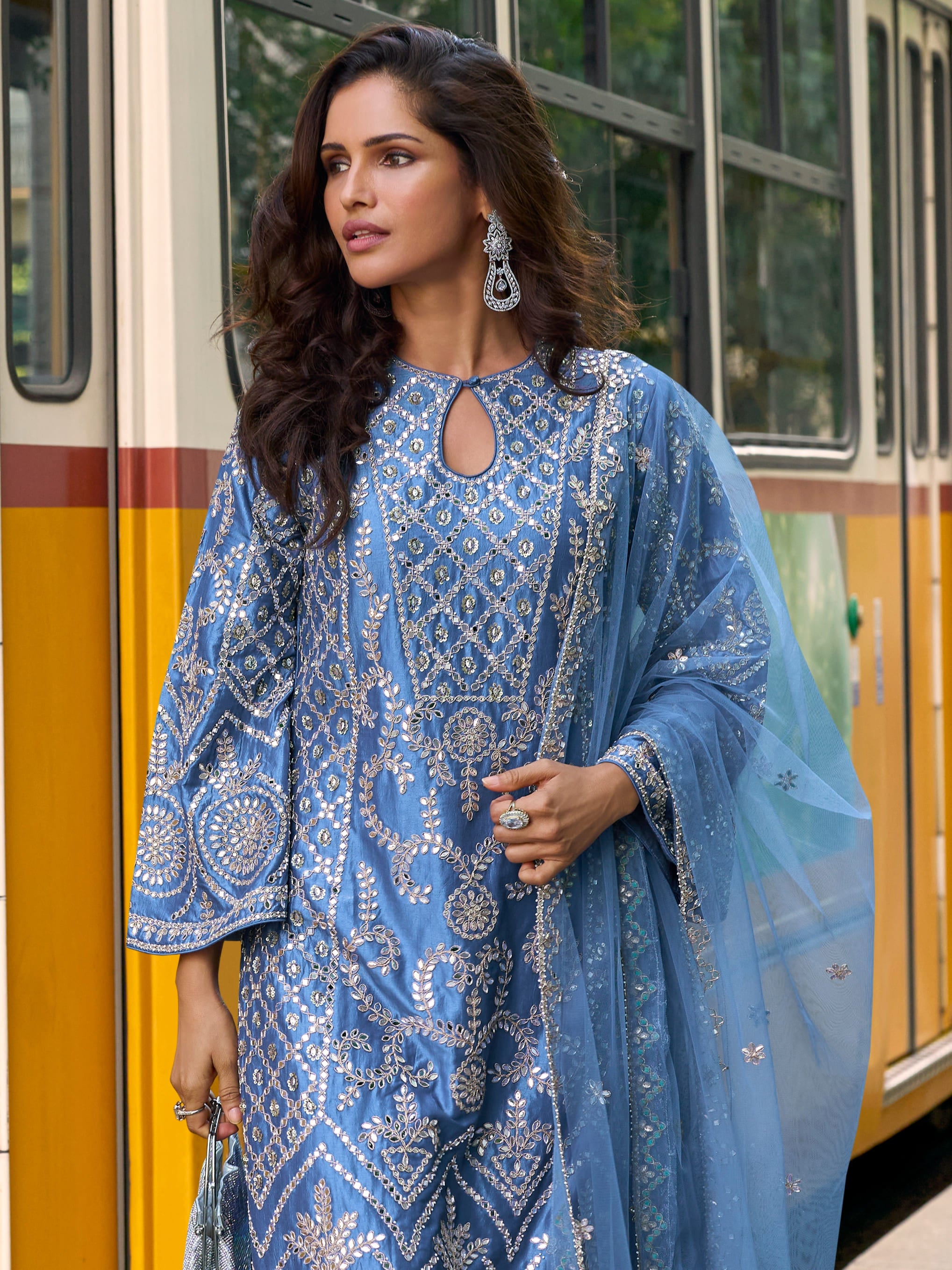 Blue Embroidered Palazzo Suit in Silk with Dupatta
