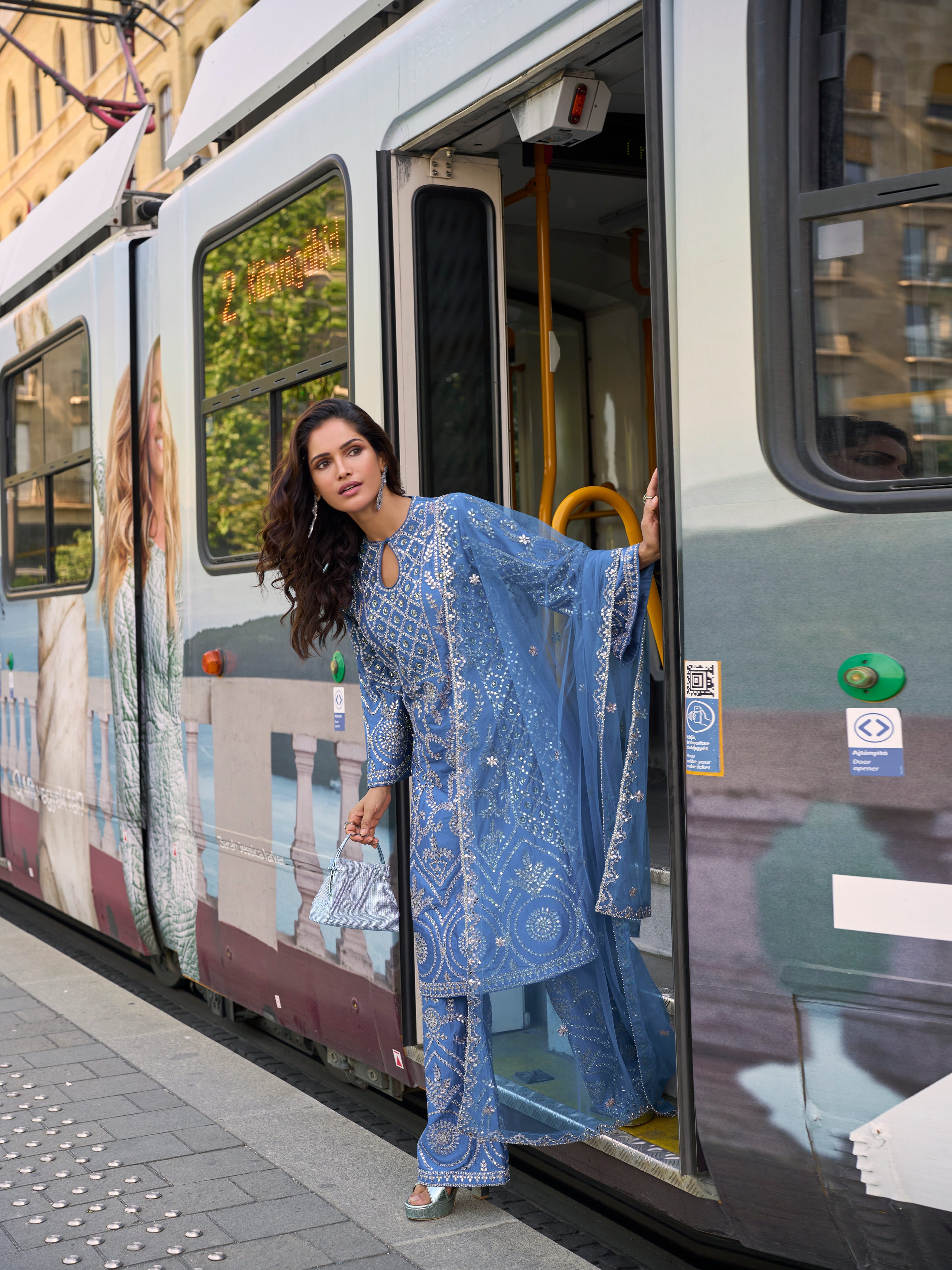 Blue Embroidered Palazzo Suit in Silk with Dupatta