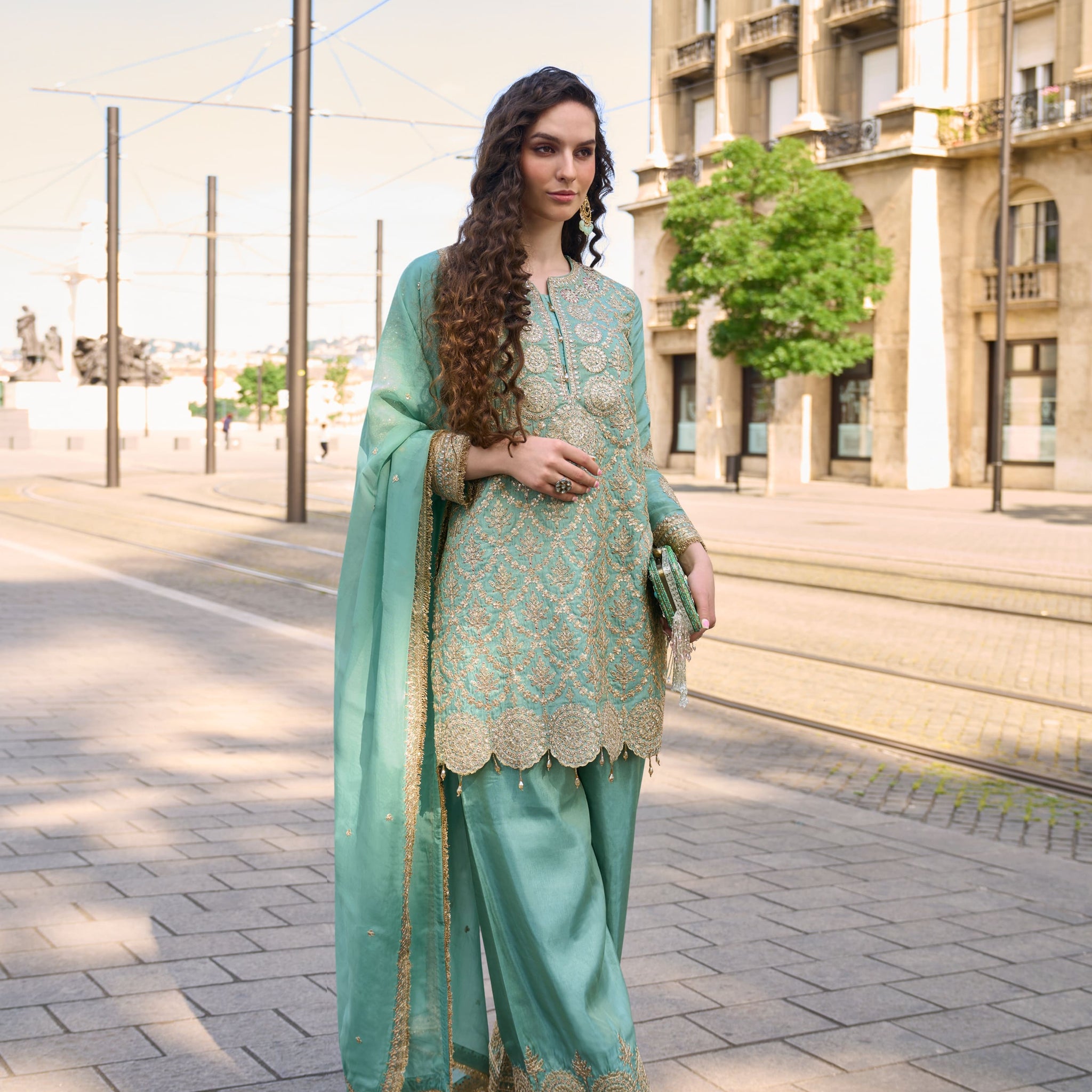 Green Silk Palazzo Suit with Heavy Embroidery
