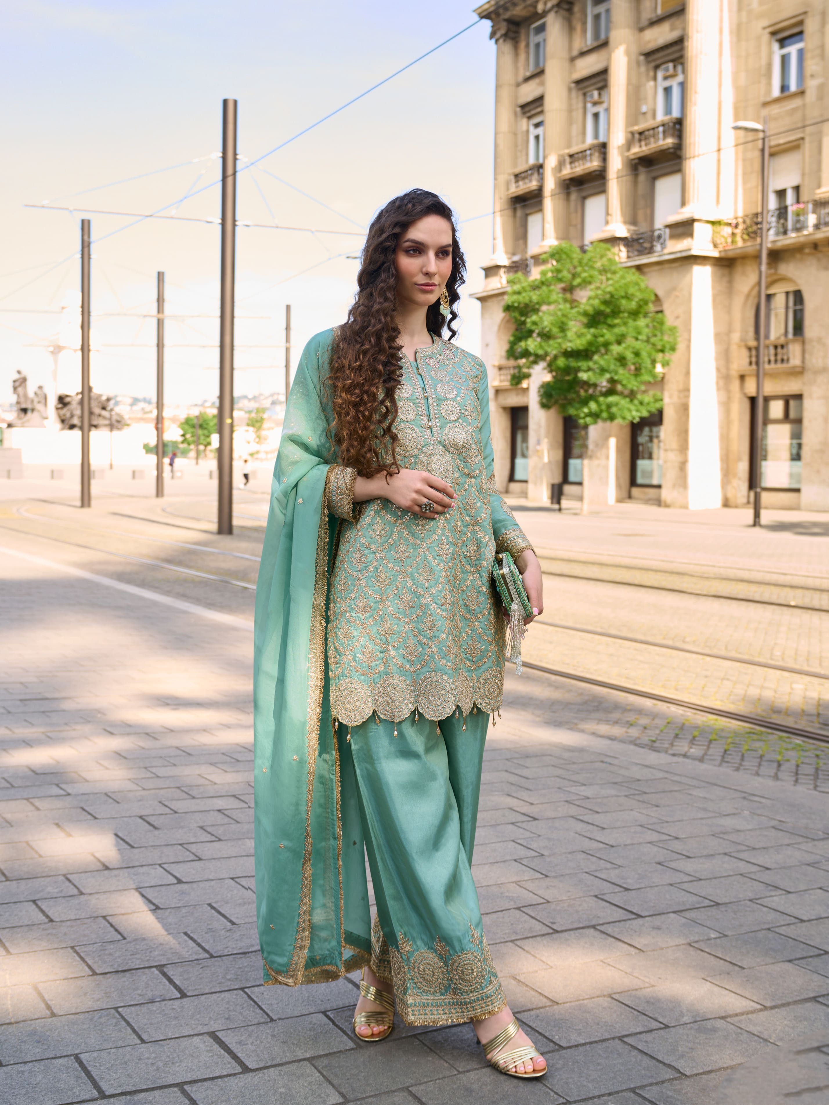 Green Silk Palazzo Suit with Heavy Embroidery