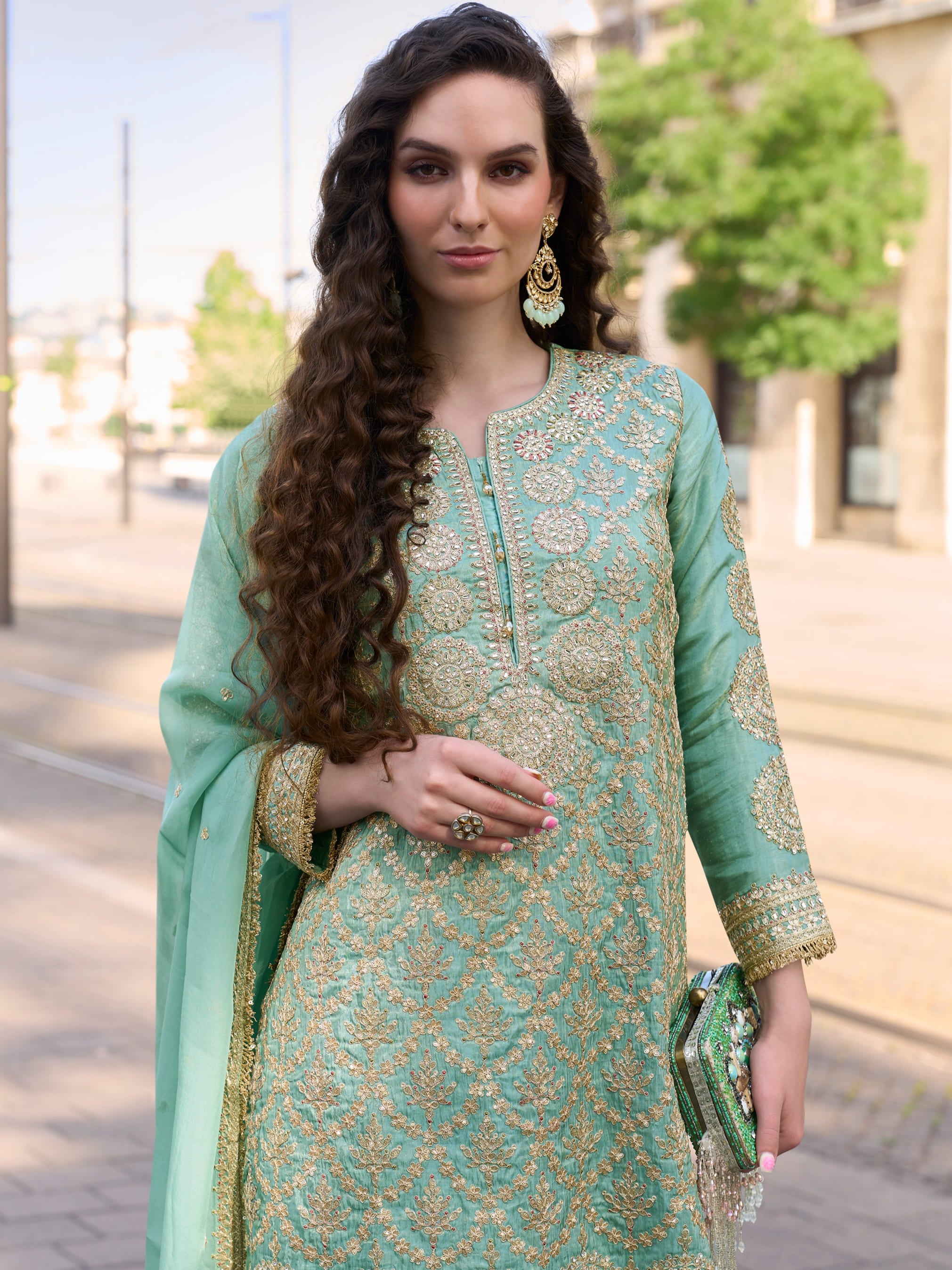 Green Silk Palazzo Suit with Heavy Embroidery