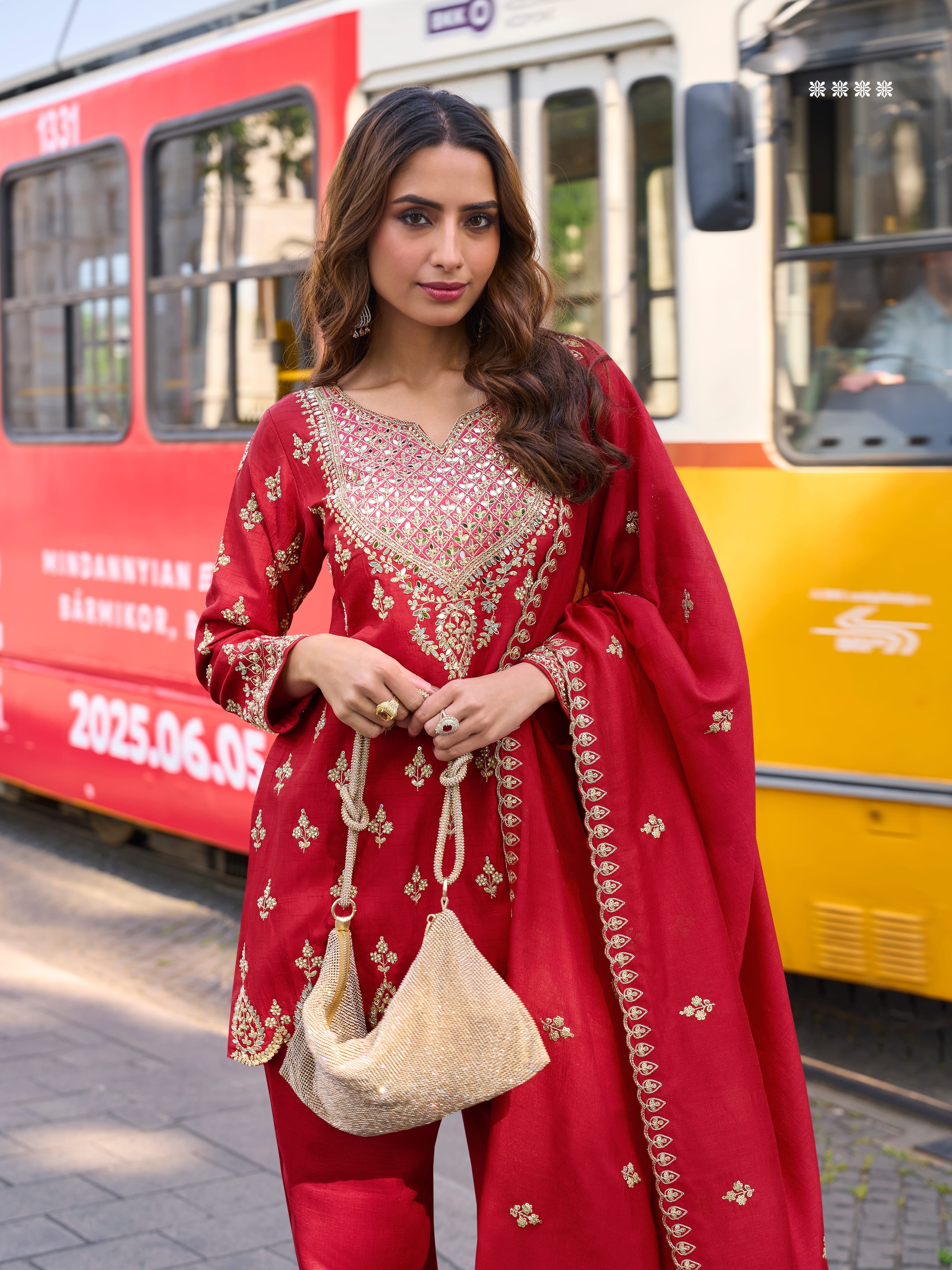 Red Simar Silk Palazzo Suit with Hand Mirror Embroidery