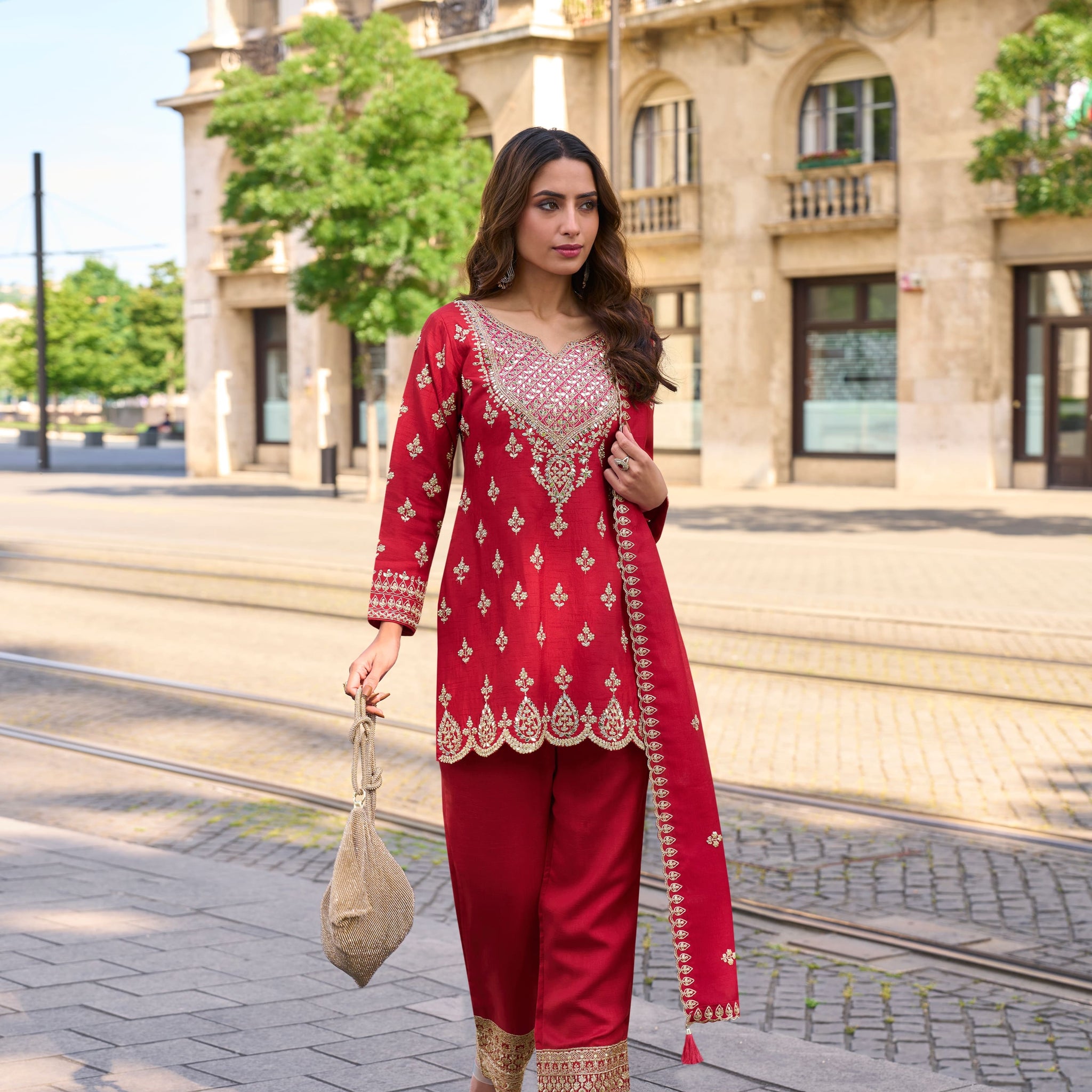 Red Simar Silk Palazzo Suit with Hand Mirror Embroidery