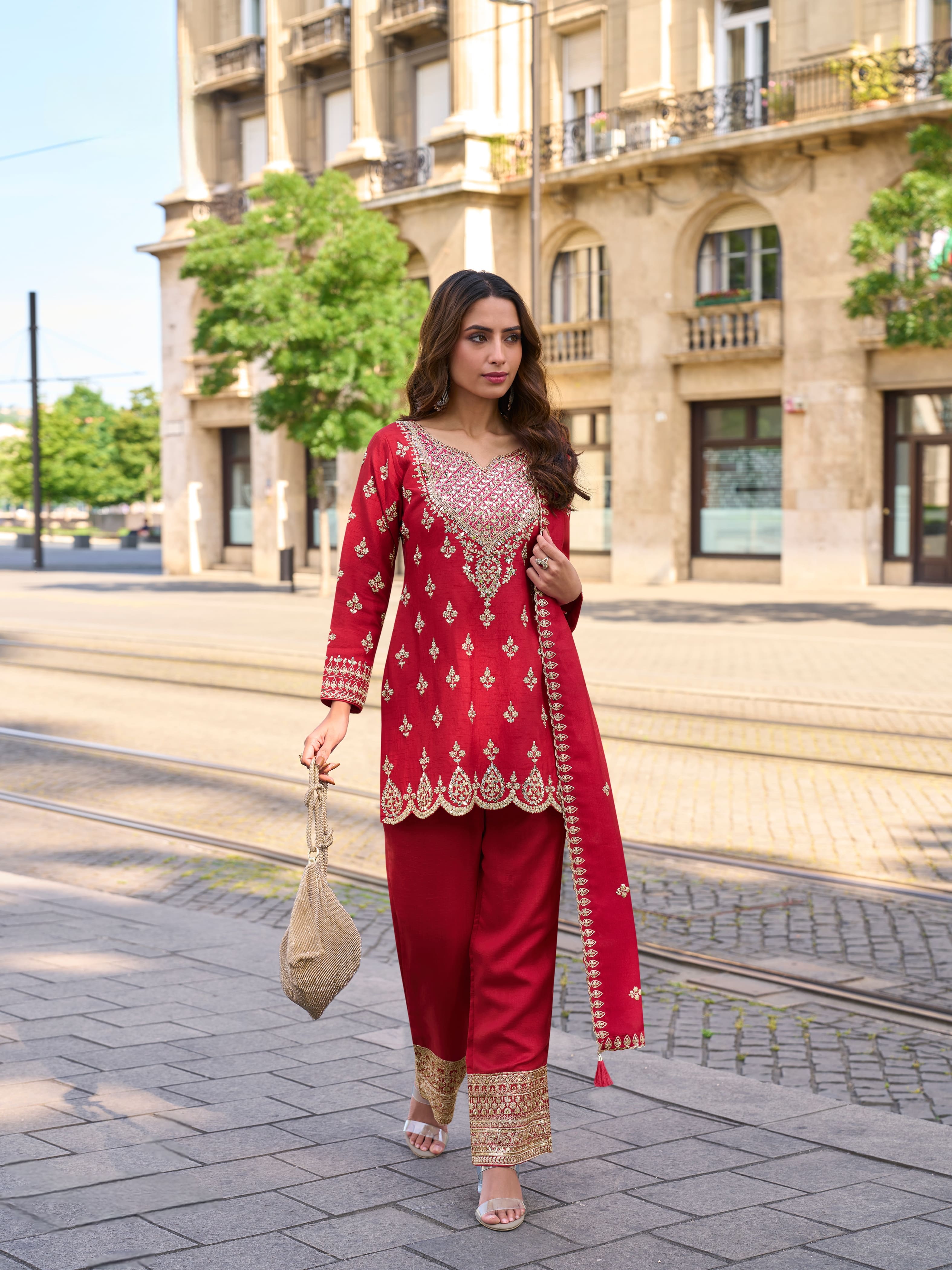 Red Simar Silk Palazzo Suit with Hand Mirror Embroidery