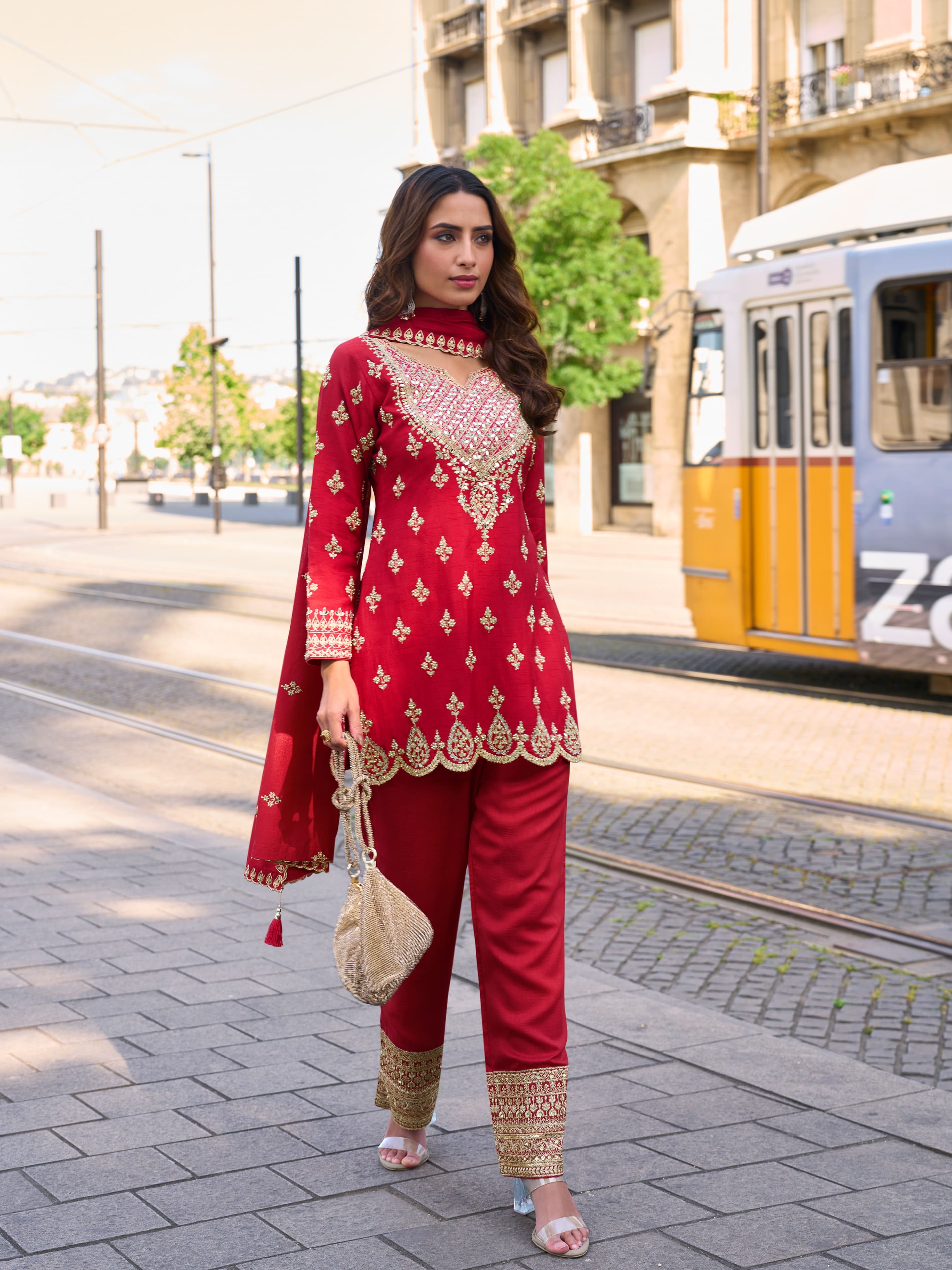 Red Simar Silk Palazzo Suit with Hand Mirror Embroidery