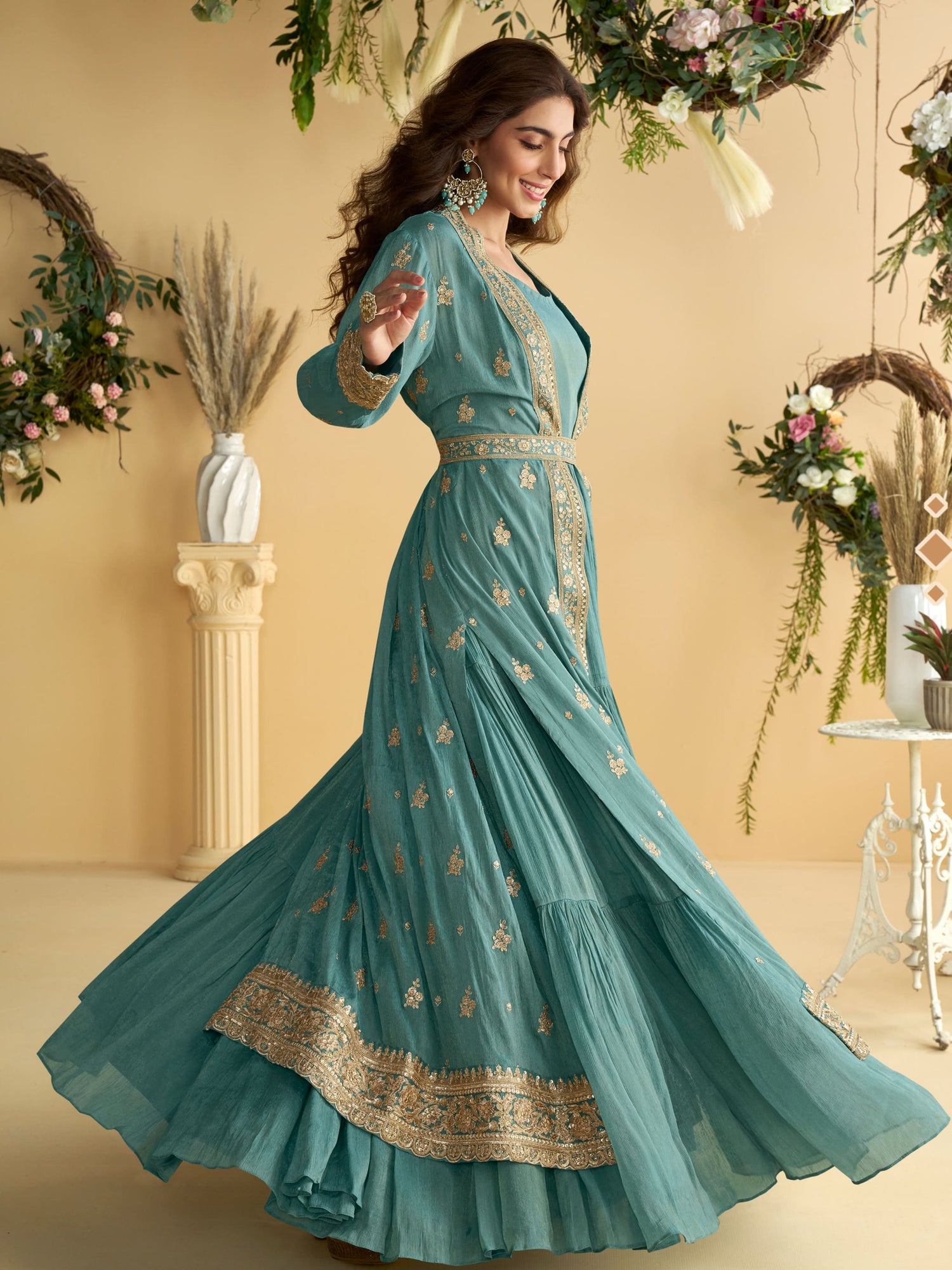 Teal Blue Embroidered Anarkali Gown