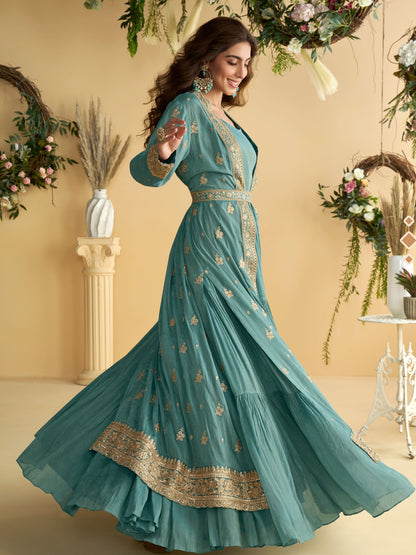 Teal Blue Embroidered Anarkali Gown