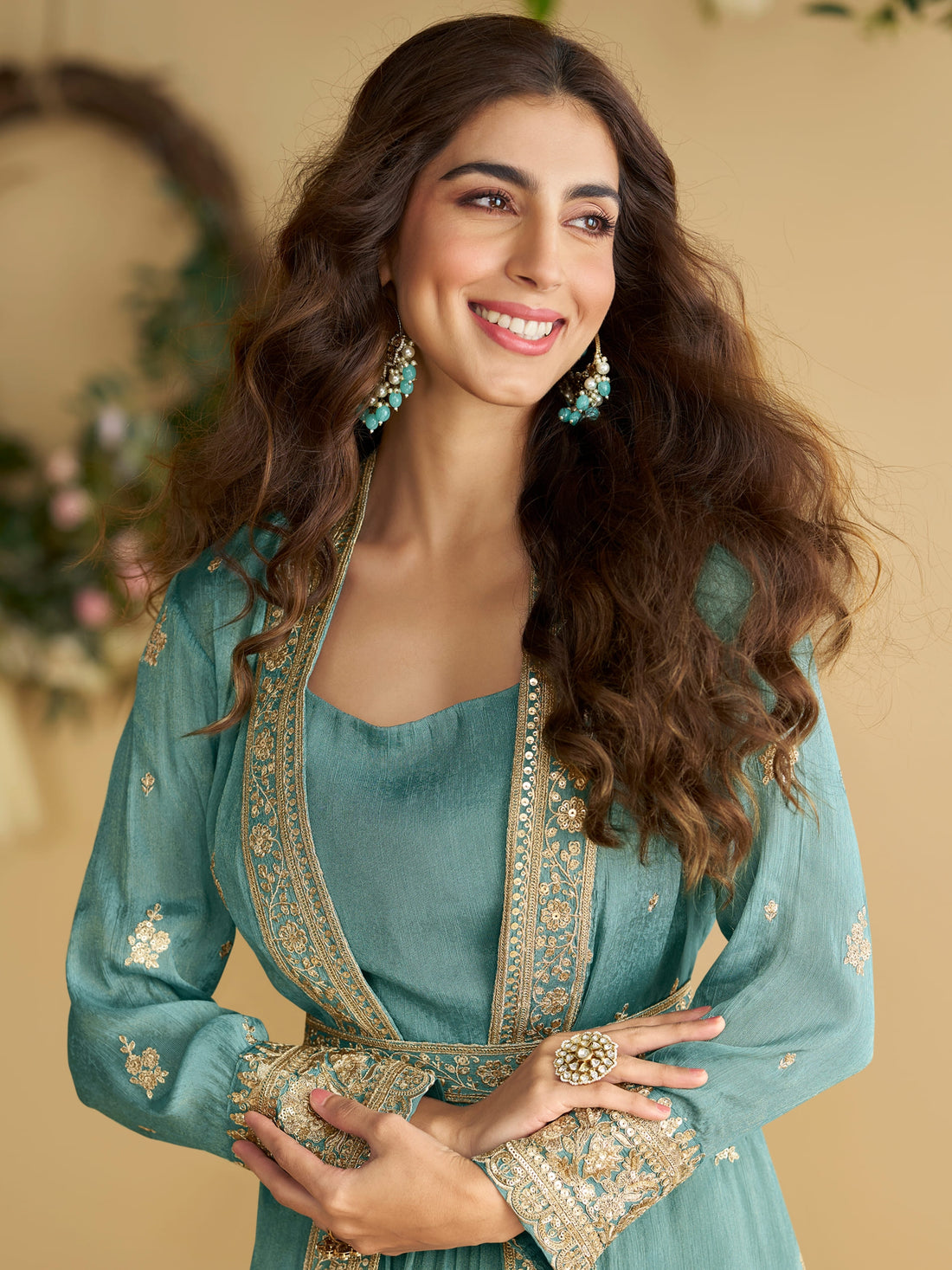 Teal Blue Embroidered Anarkali Gown