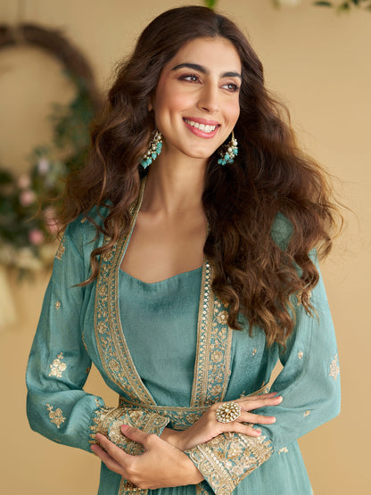 Teal Blue Embroidered Anarkali Gown