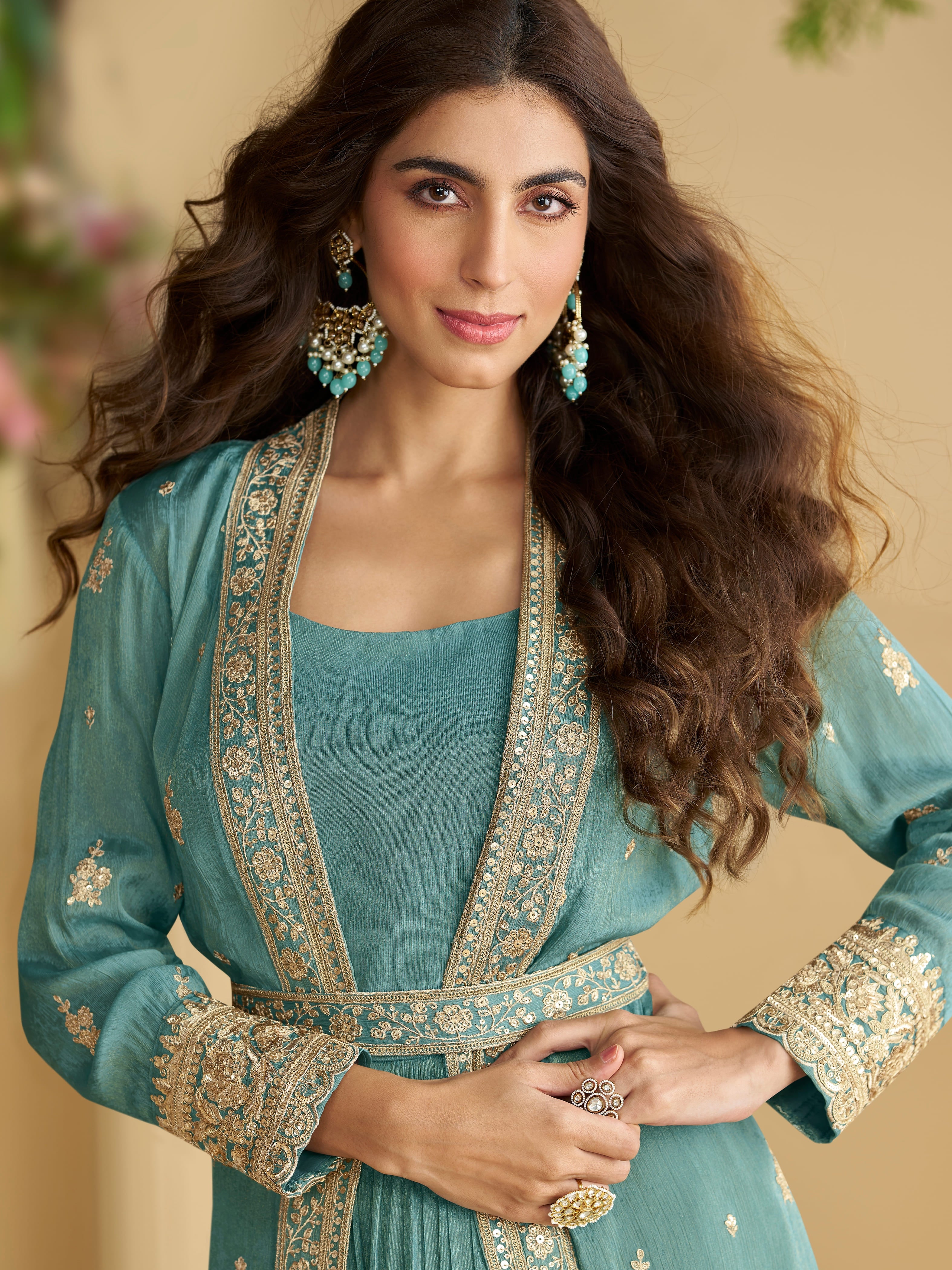 Teal Blue Embroidered Anarkali Gown