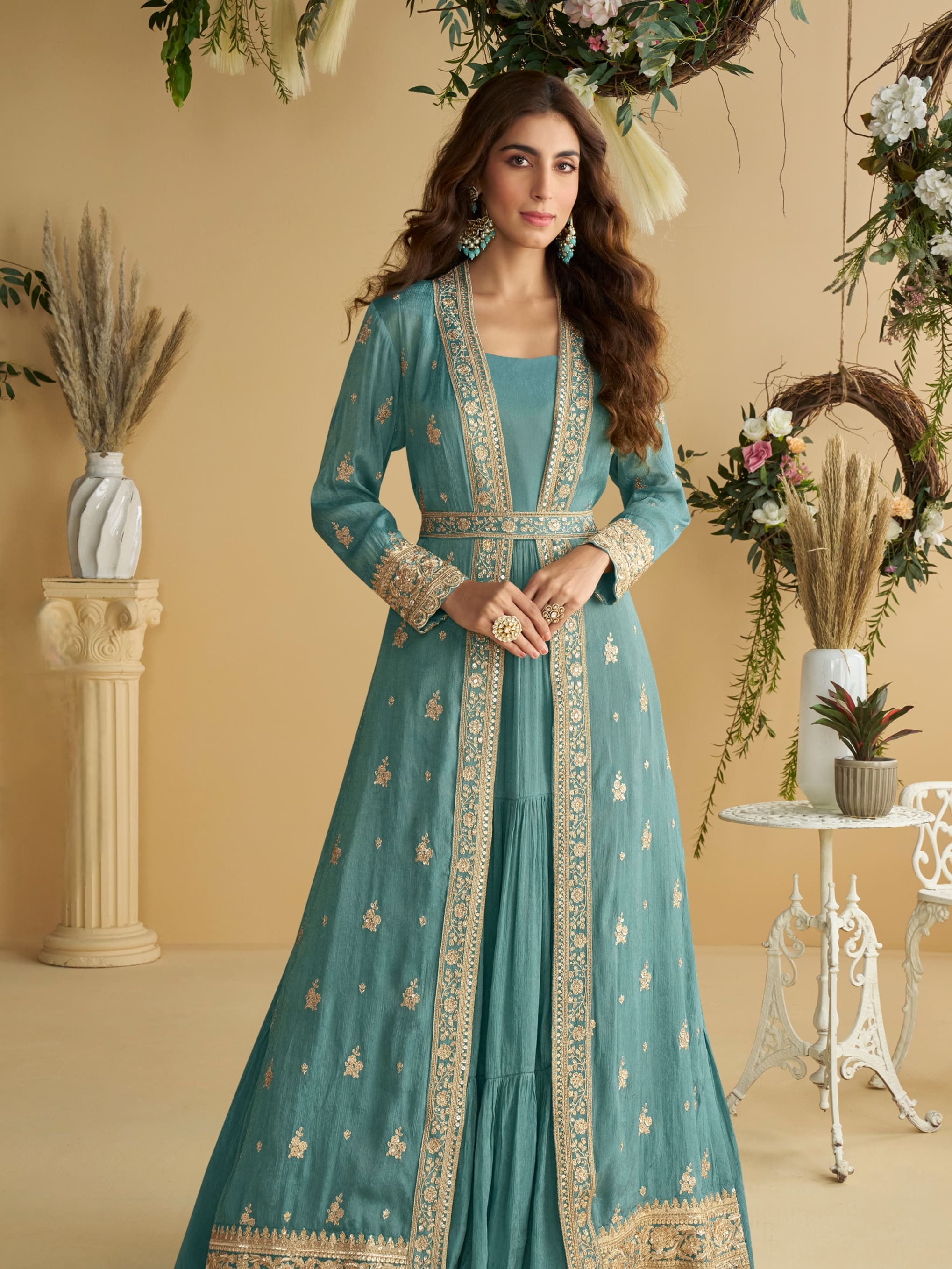 Teal Blue Embroidered Anarkali Gown