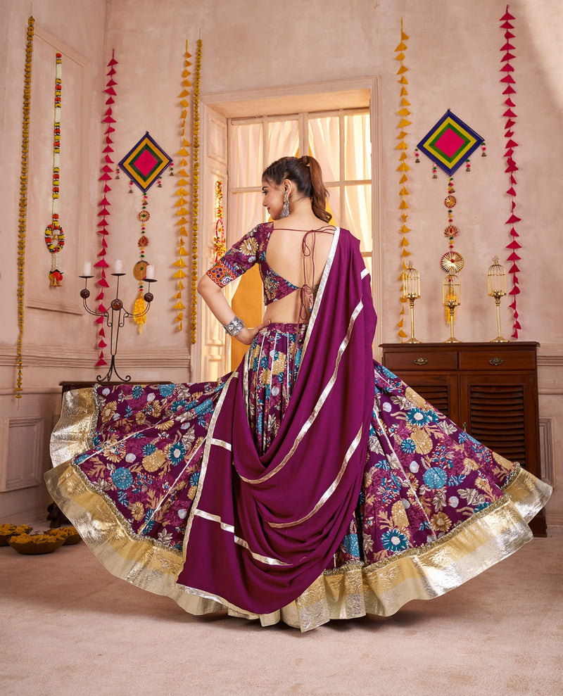 Purple Viscose Cotton Chaniya Choli with Kutchi Mirror Work