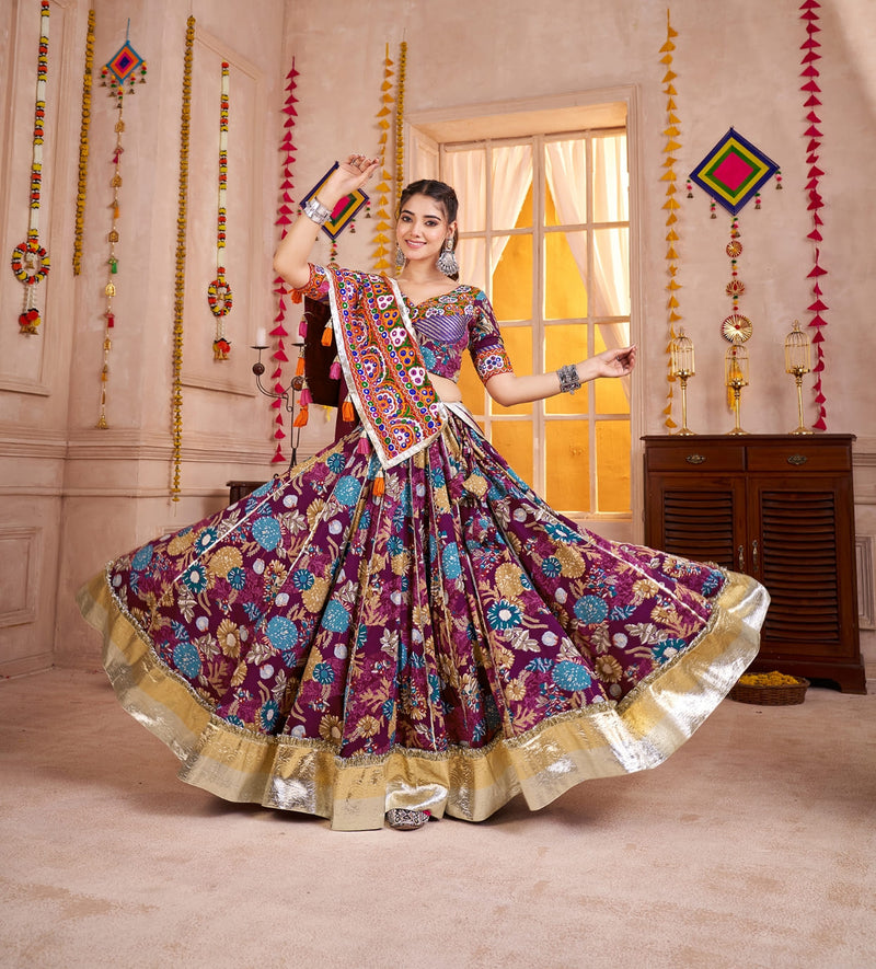 Purple Viscose Cotton Chaniya Choli with Kutchi Mirror Work