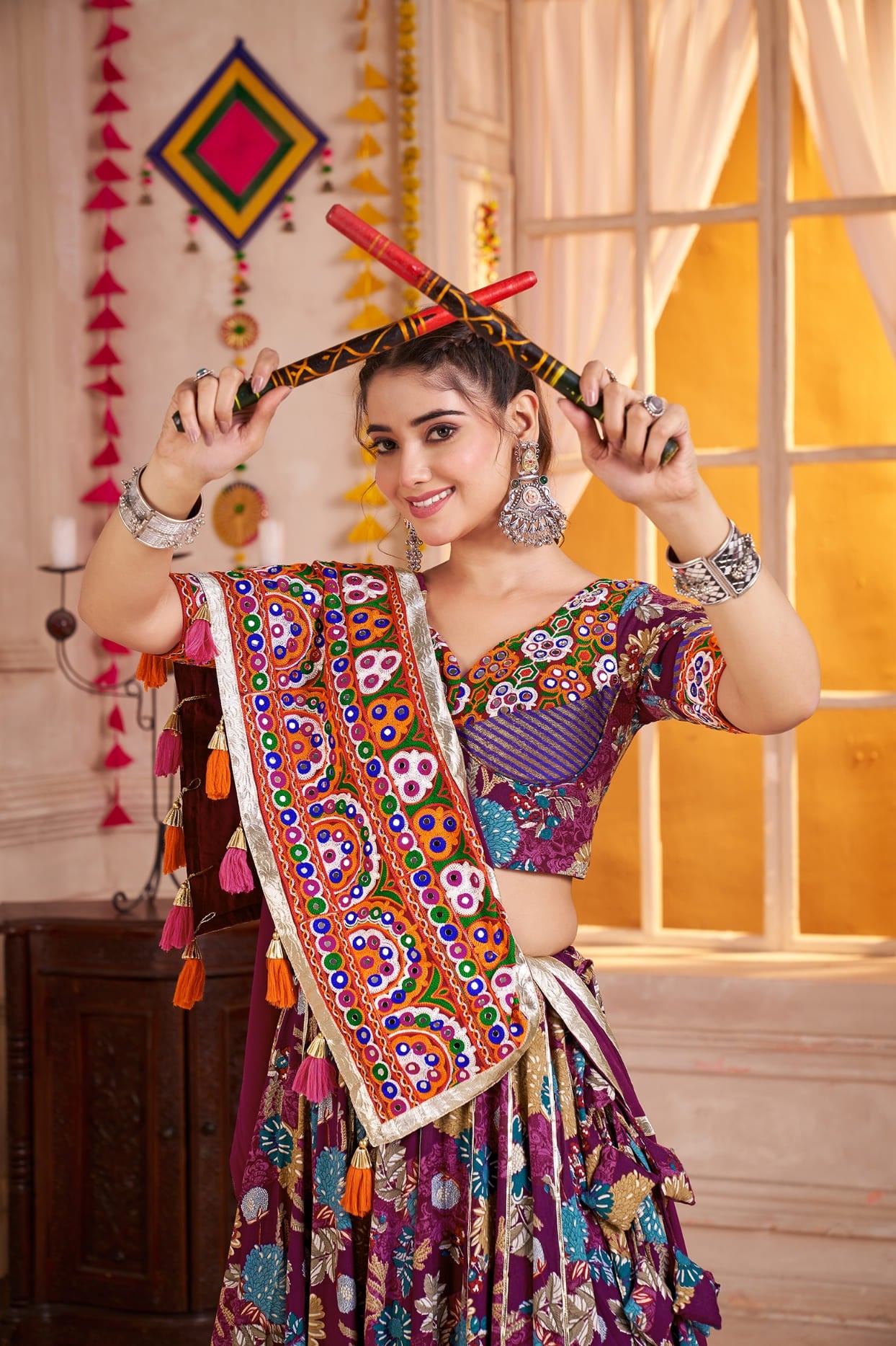 Purple Viscose Cotton Chaniya Choli with Kutchi Mirror Work