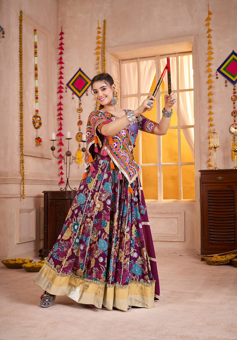 Purple Viscose Cotton Chaniya Choli with Kutchi Mirror Work