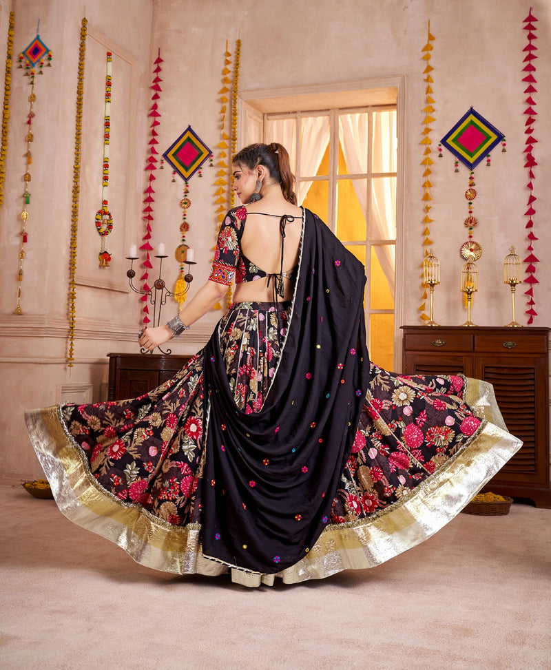 Black Chaniya Choli in Viscose Cotton with Kutchi Mirror Work