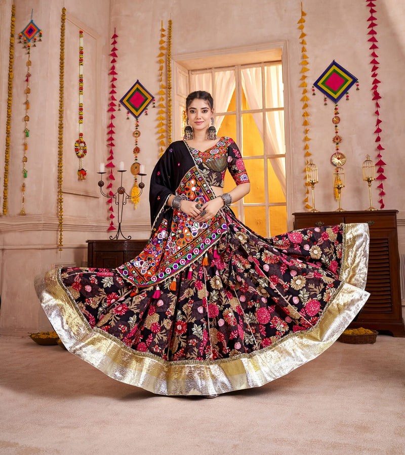 Black Chaniya Choli in Viscose Cotton with Kutchi Mirror Work