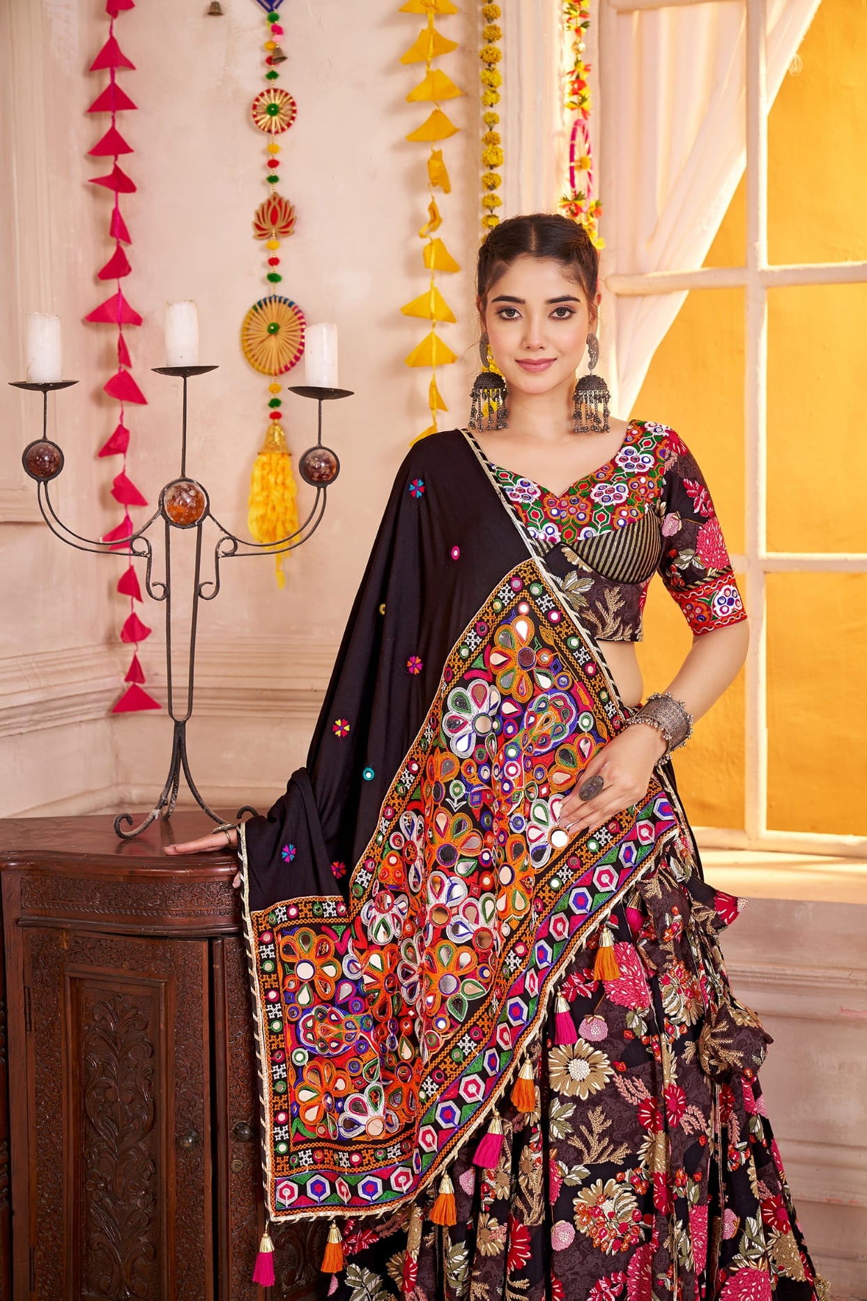 Black Chaniya Choli in Viscose Cotton with Kutchi Mirror Work