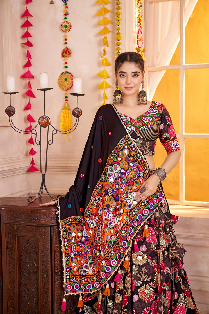 Black Chaniya Choli in Viscose Cotton with Kutchi Mirror Work