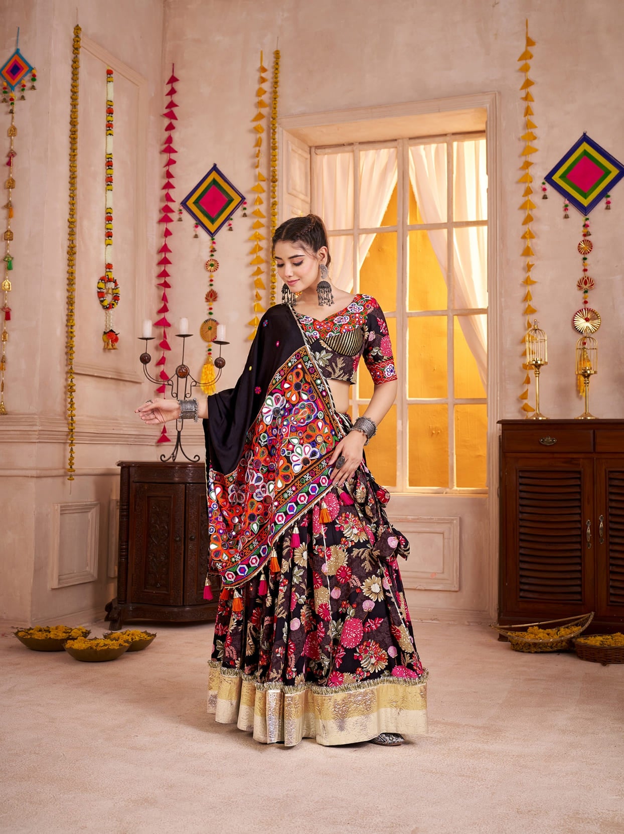 Black Chaniya Choli in Viscose Cotton with Kutchi Mirror Work