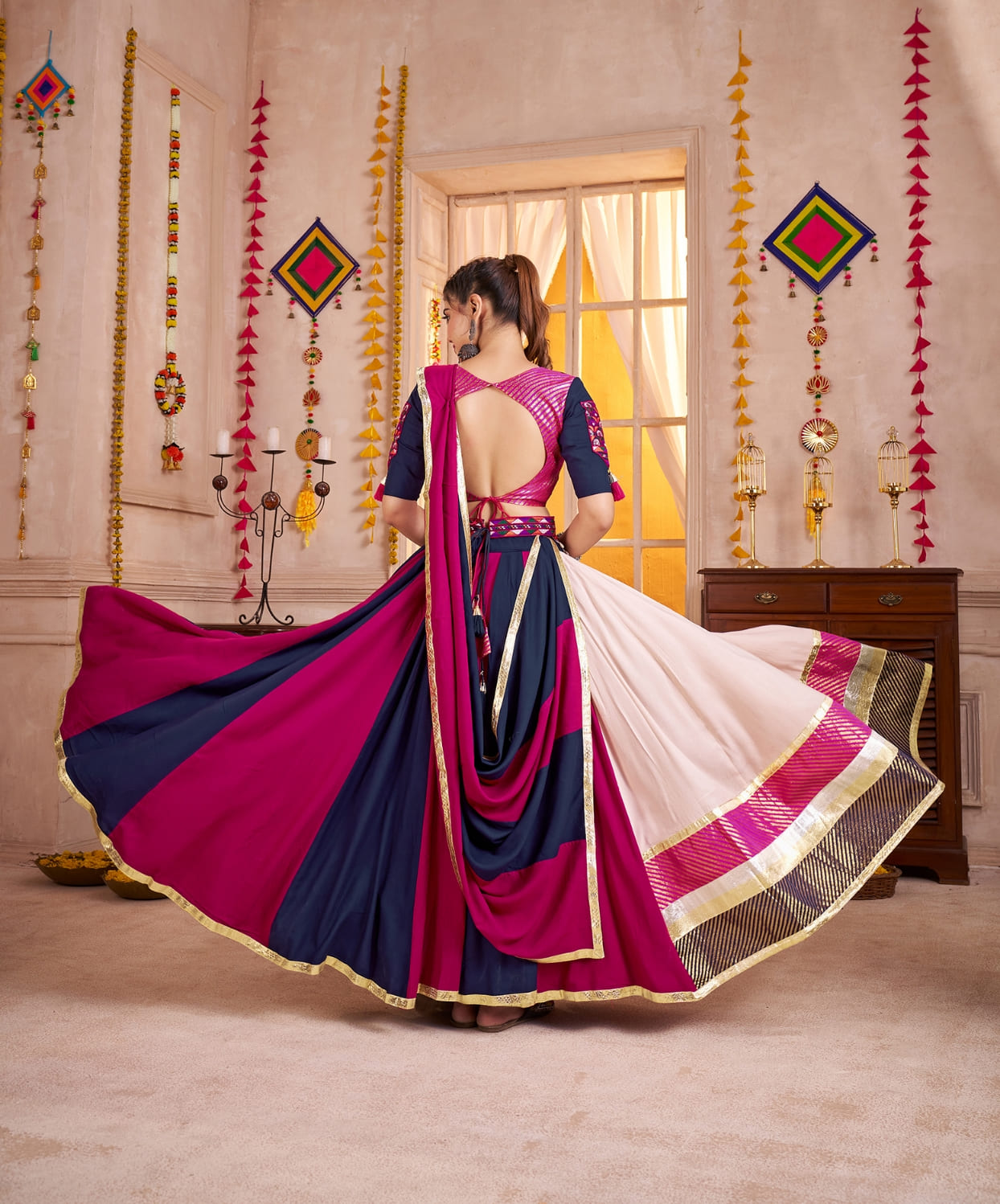 Multicolor Cotton Chaniya Choli with Mirror &amp; Kutchi Work