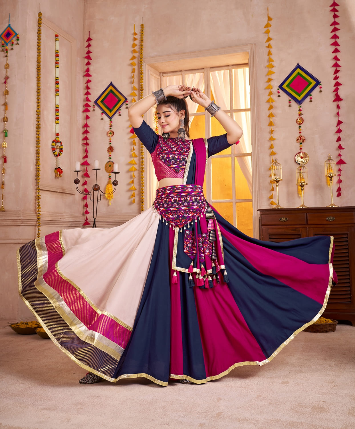 Multicolor Cotton Chaniya Choli with Mirror &amp; Kutchi Work