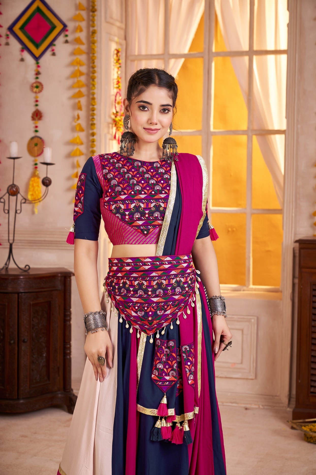 Multicolor Cotton Chaniya Choli with Mirror &amp; Kutchi Work