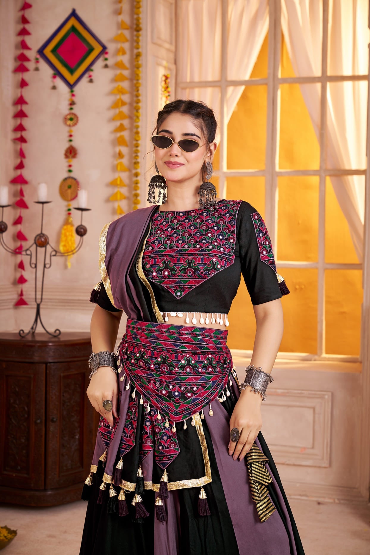 Black & Grey Multicolor Chaniya Choli with Kutchi Mirror Work