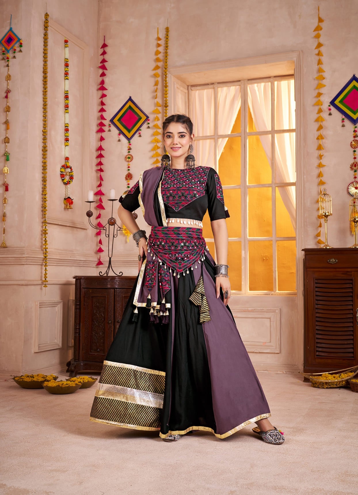 Black &amp; Grey Multicolor Chaniya Choli with Kutchi Mirror Work