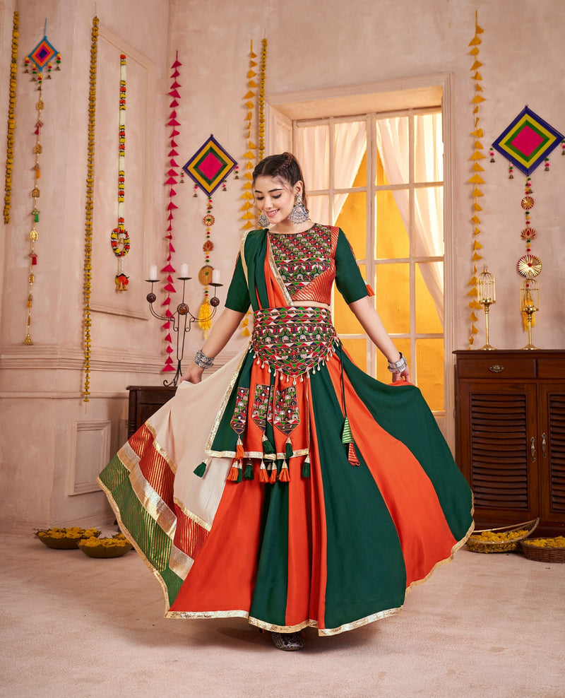 Green Orange Multicolor Chaniya Choli with Kutchi Mirror Work