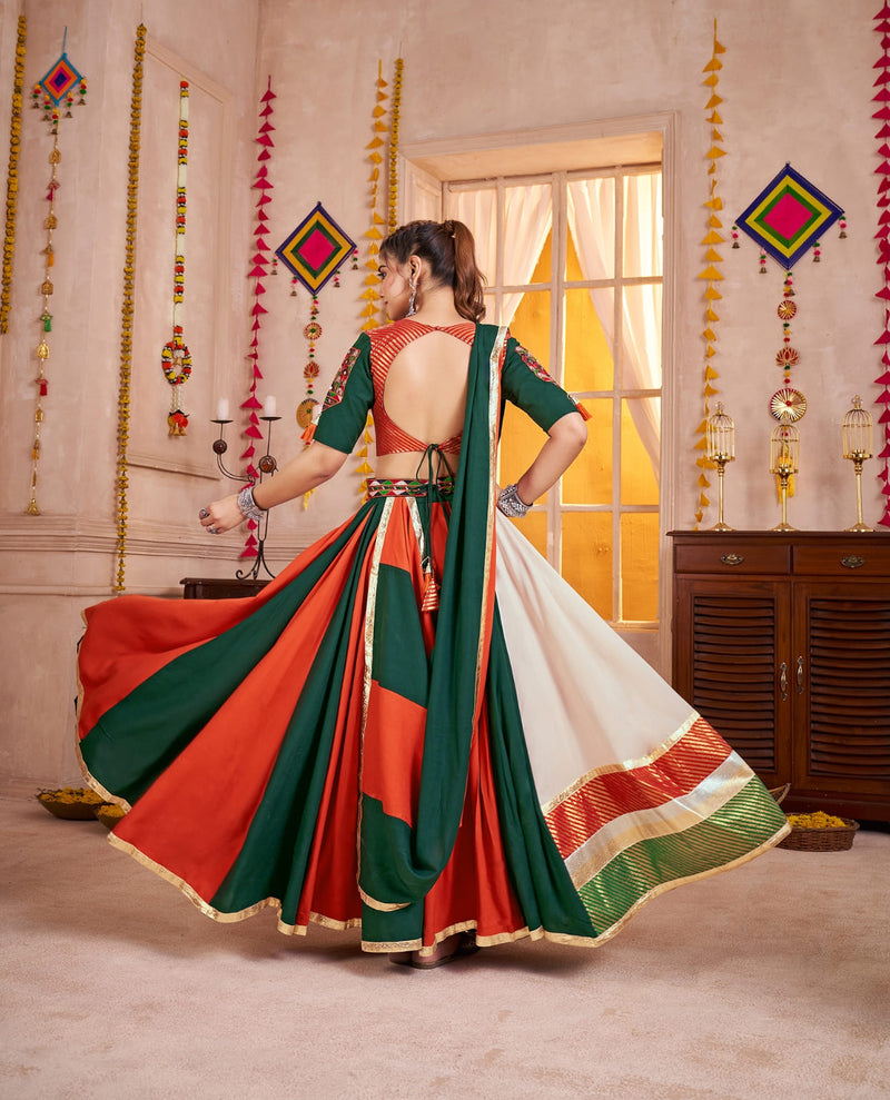 Green Orange Multicolor Chaniya Choli with Kutchi Mirror Work