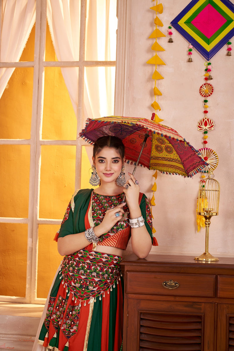Green Orange Multicolor Chaniya Choli with Kutchi Mirror Work