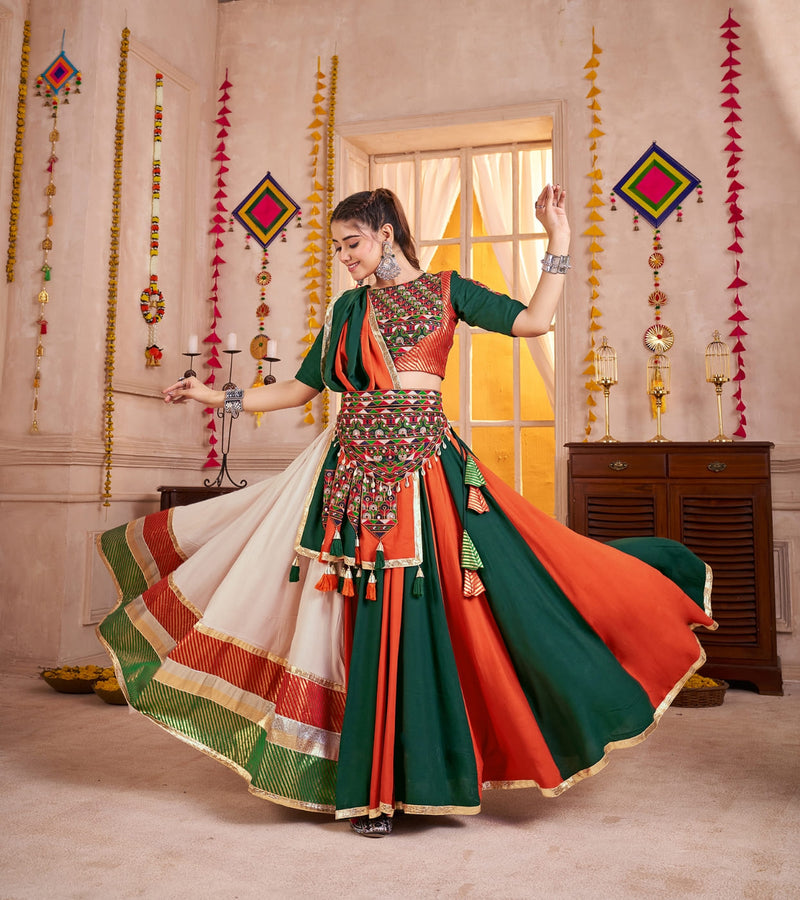 Green Orange Multicolor Chaniya Choli with Kutchi Mirror Work