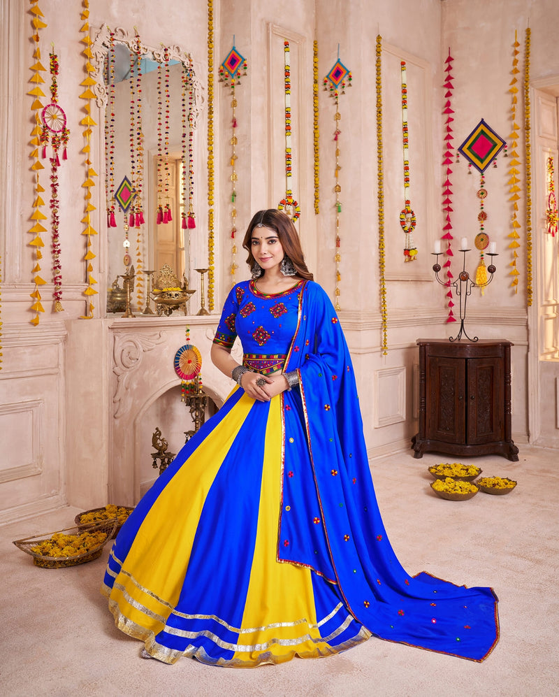 Blue Yellow Chaniya Choli for Navratri with Hand Mirror Blouse