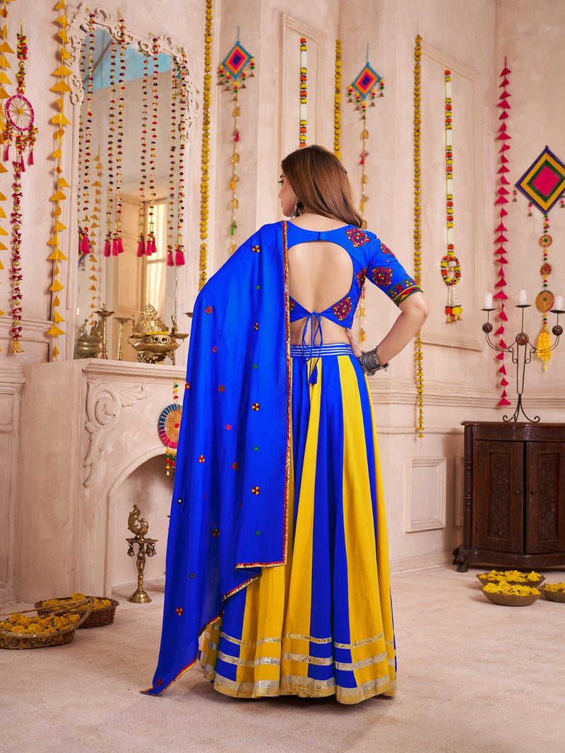 Blue Yellow Chaniya Choli for Navratri with Hand Mirror Blouse