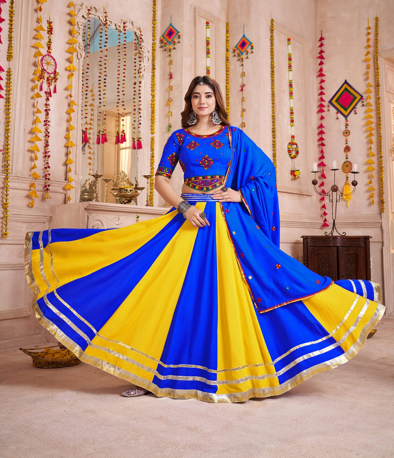 Blue Yellow Chaniya Choli for Navratri with Hand Mirror Blouse