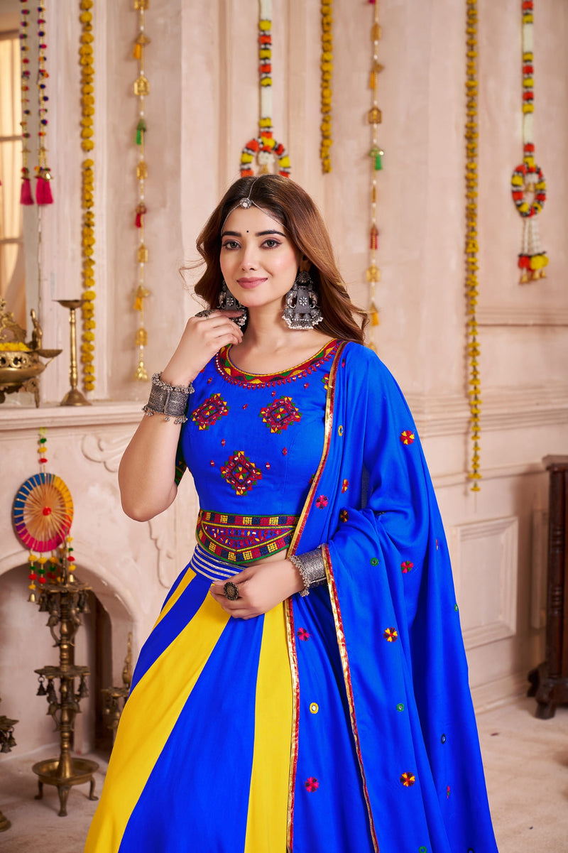 Blue Yellow Chaniya Choli for Navratri with Hand Mirror Blouse